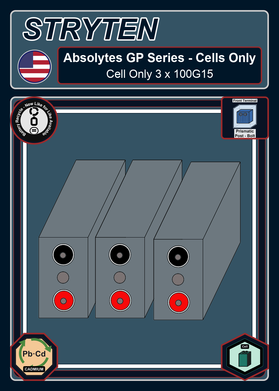 Battery Recycle EXide GNB Absolyte GP Series 1 100G45 M6 Cell Only 3 x 100G15