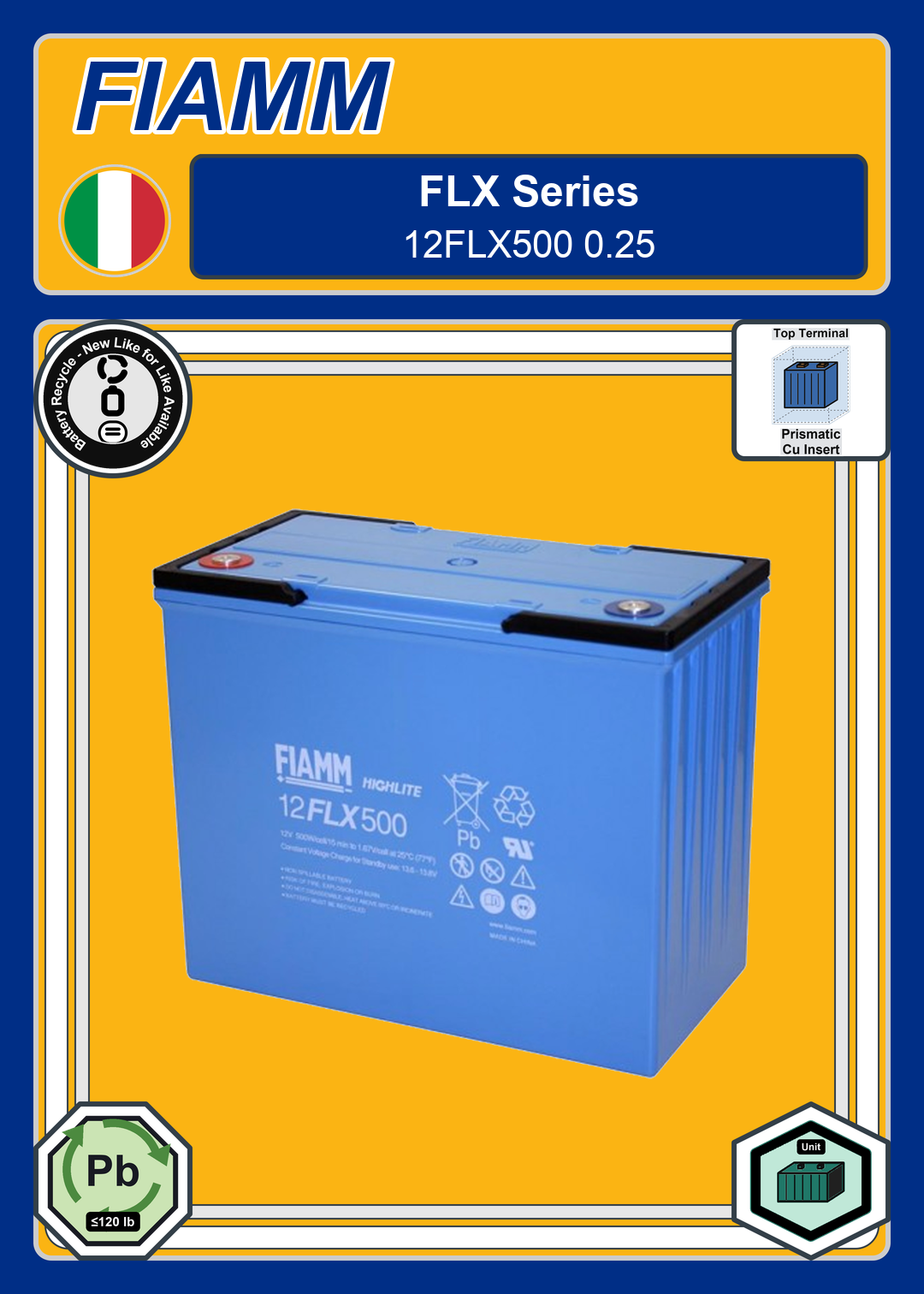 Battery Recycle Fiamm FLX Series 12FLX500 0 25