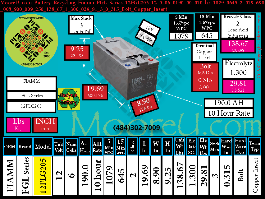 Product image for Battery Recycle Fiamm FGL Series 12FGL205 12 0 06 0190 00 010 hr 1079 0645 2 019 690 008 900 009 250 138 67 1 300 029 81 3 0 315 Bolt Copper Insert