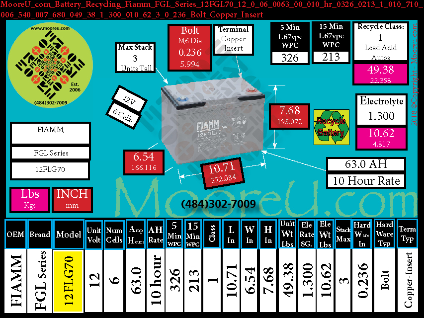 Battery Recycle Fiamm FGL Series 12FGL70 12 0 06 0063 00 010 hr 0326 0213 1 010 710 006 540 007 680 049 38 1 300 010 62 3 0 236 Bolt Copper Insert