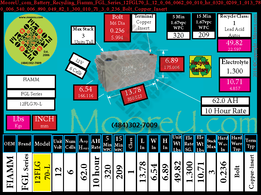 Battery Recycle Fiamm FGL Series 12FGL70 L 12 0 06 0062 00 010 hr 0320 0209 1 013 780 006 540 006 890 049 82 1 300 010 71 3 0 236 Bolt Copper Insert