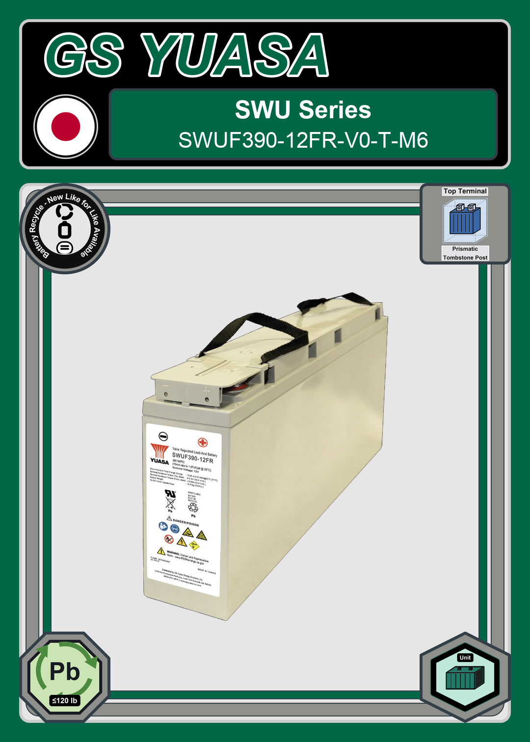 Battery Recycle GS Yuasa SWU Series SWUF390 12FR V0 T M6