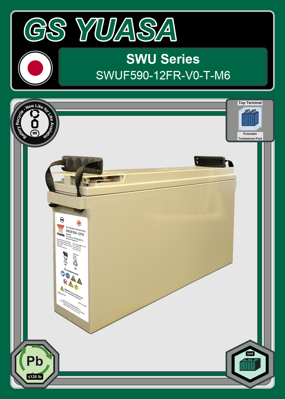 Battery Recycle GS Yuasa SWU Series SWUF590 12FR V0 T M6