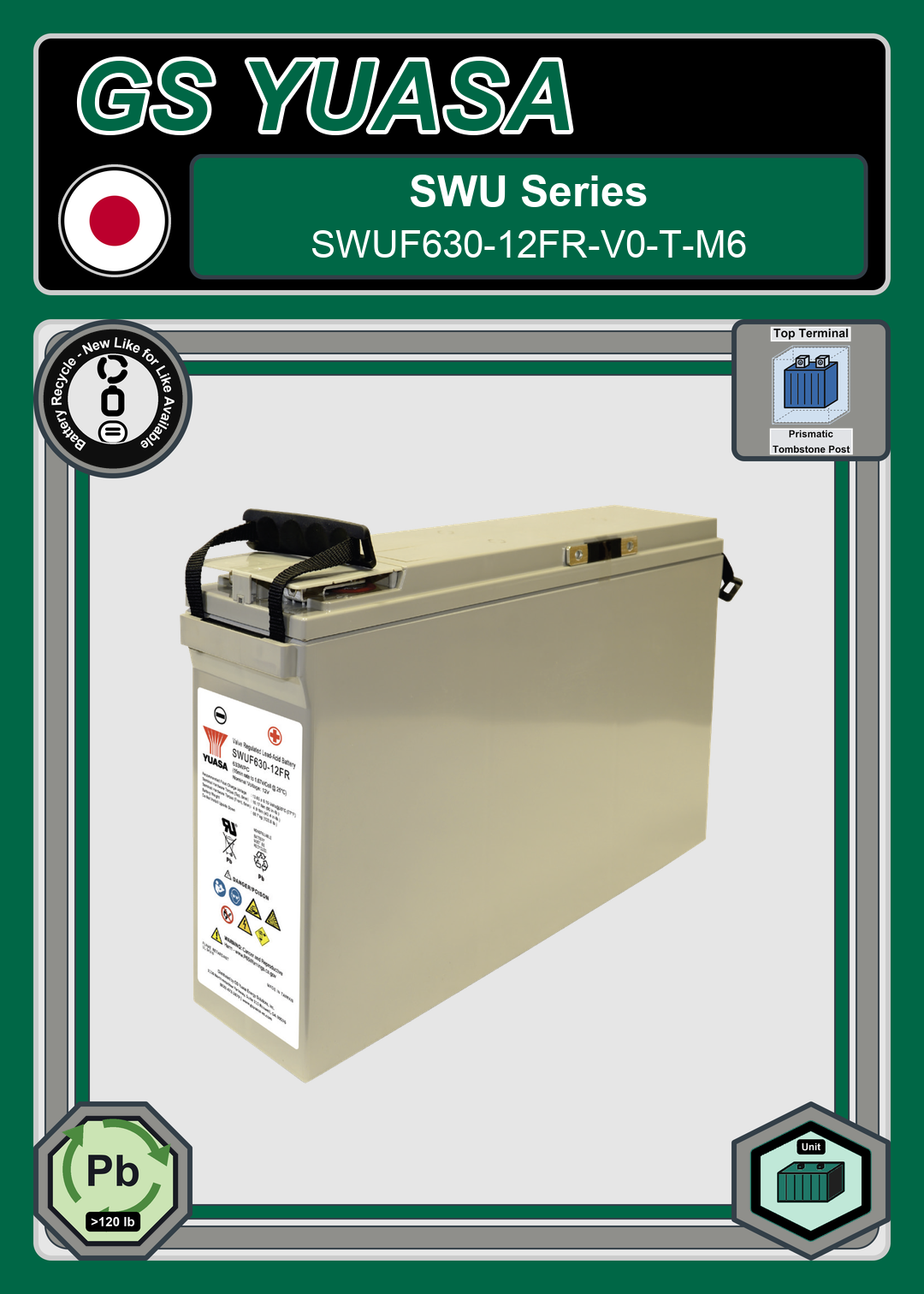 Battery Recycle GS Yuasa SWU Series SWUF630 12FR V0 T M6