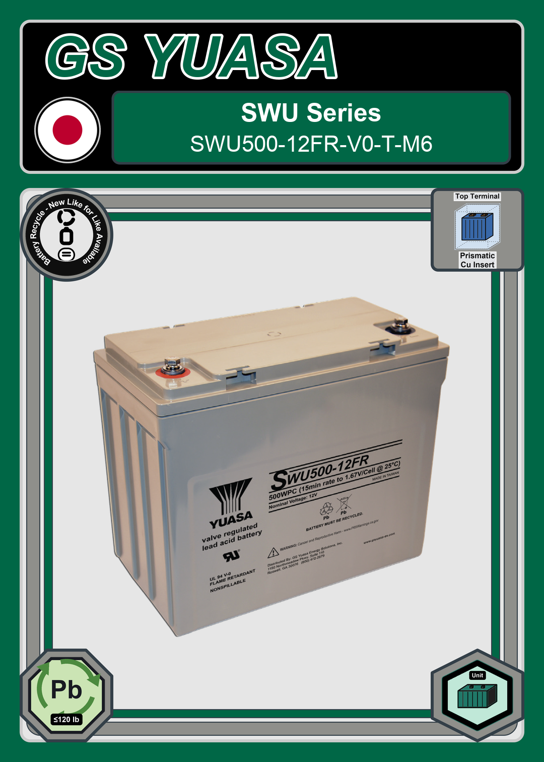 Battery Recycle GS Yuasa SWU Series SWU500 12FR V0 T M6