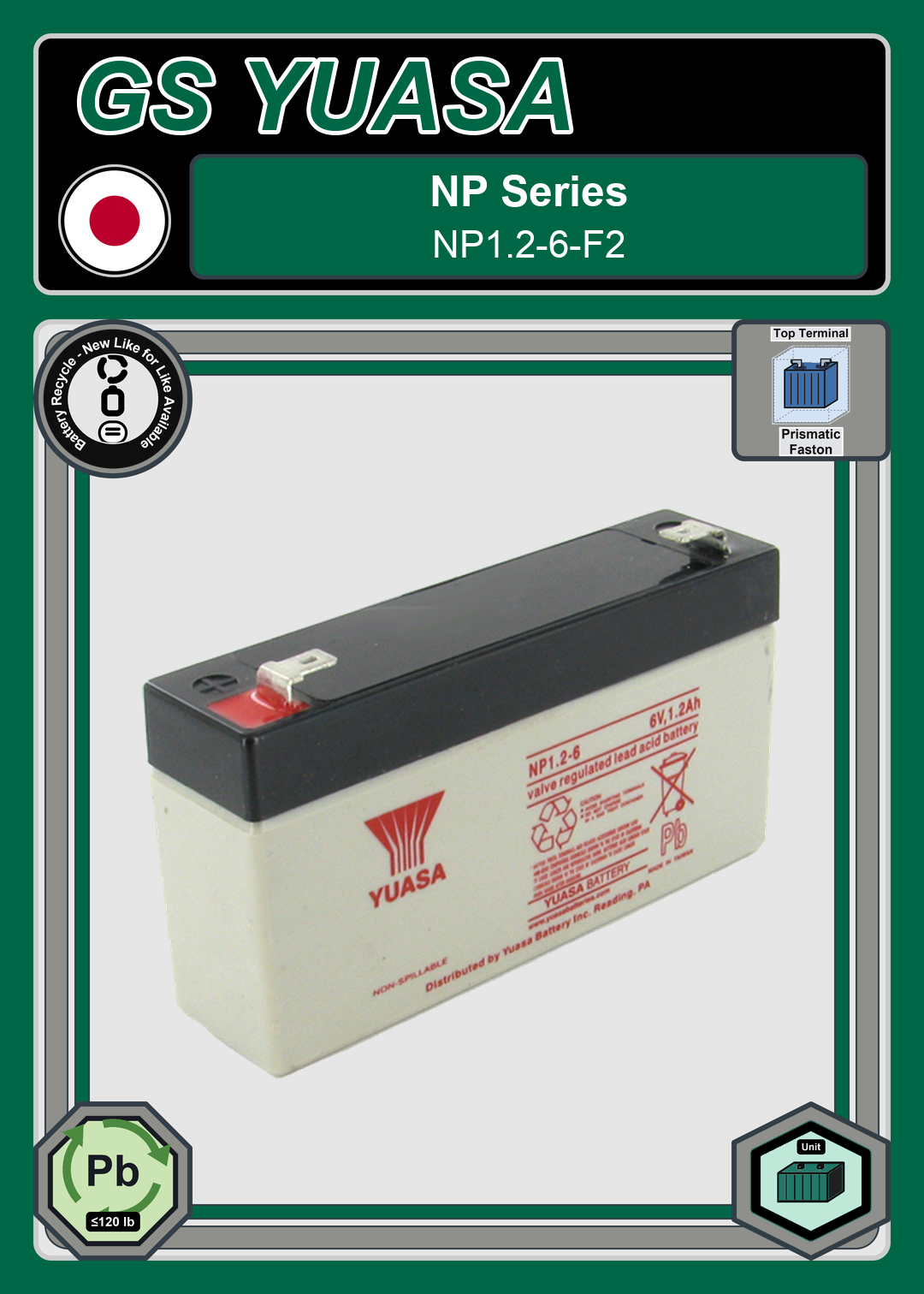 Battery Recycle GS Yuasa NP Series NP1 2 6 F2