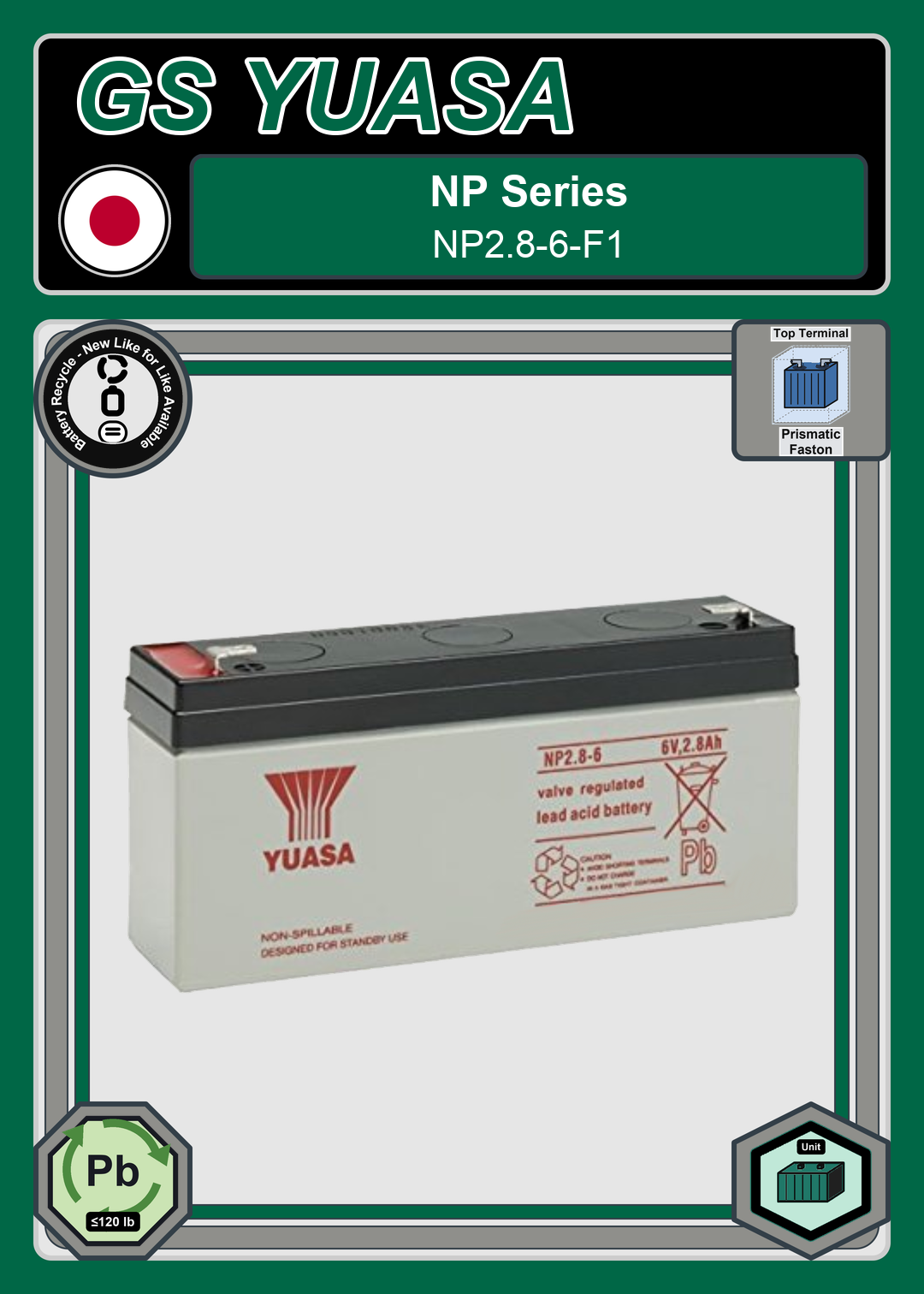 Battery Recycle GS Yuasa NP Series NP2 8 6 F1