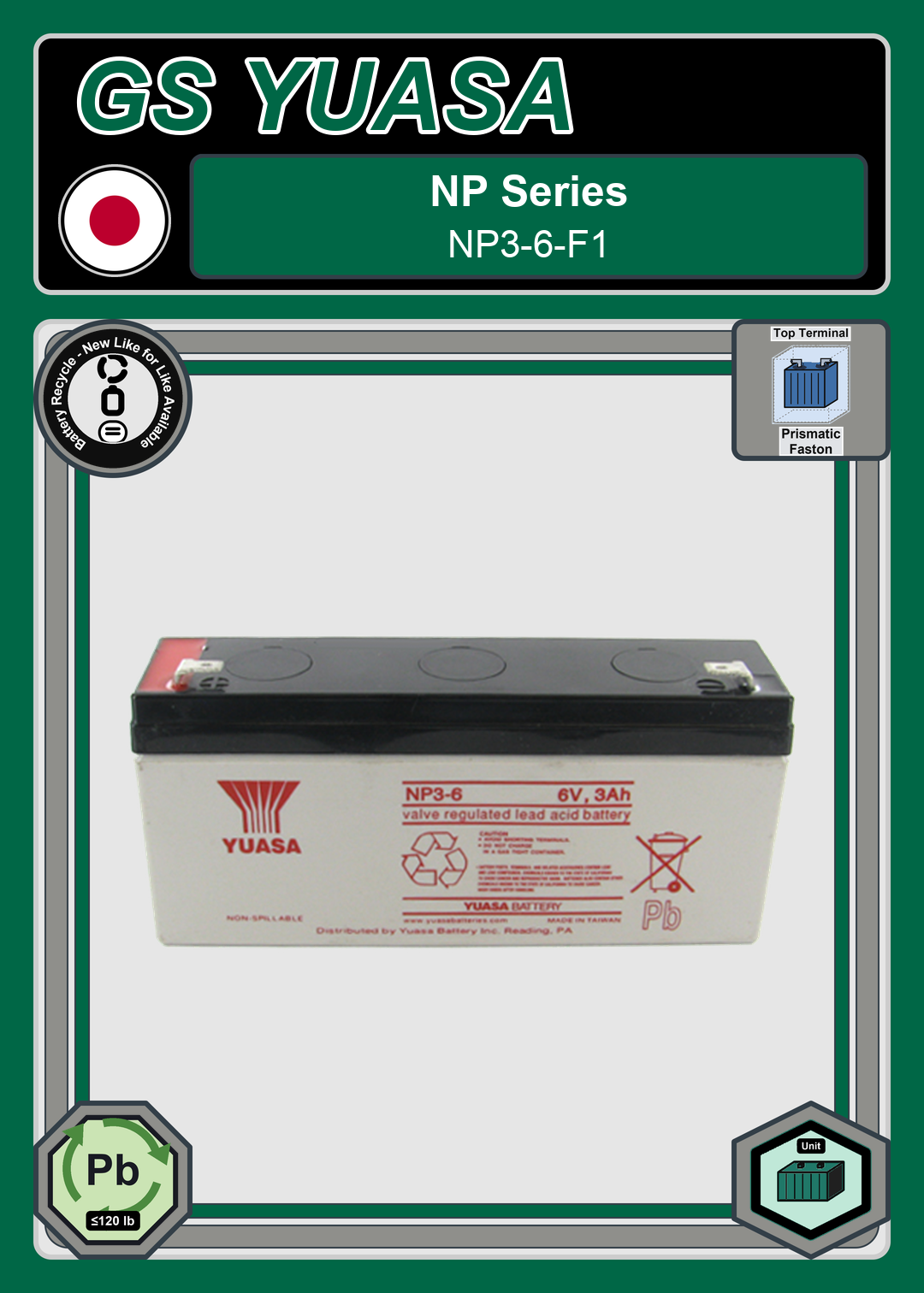 Battery Recycle GS Yuasa NP Series NP3 6 F1