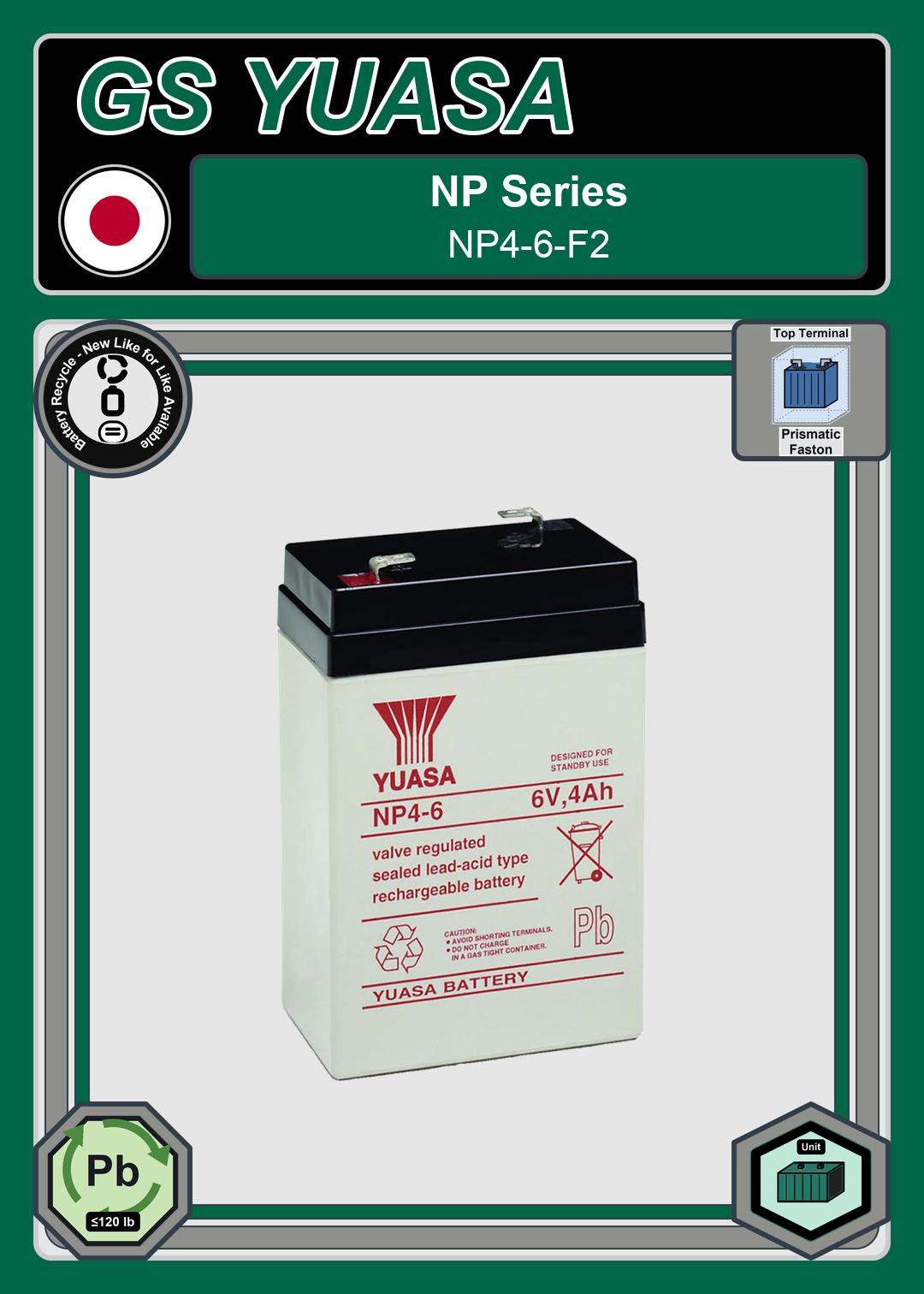 Battery Recycle GS Yuasa NP Series NP4 6 F2