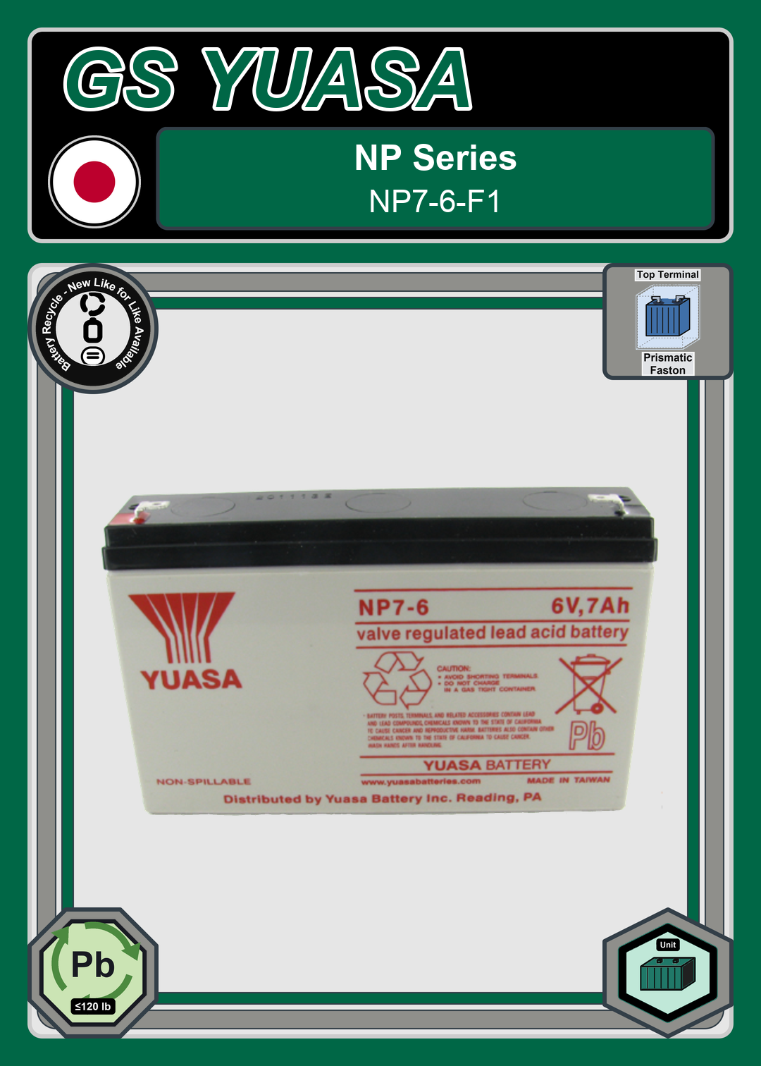 Battery Recycle GS Yuasa NP Series NP7 6 F1
