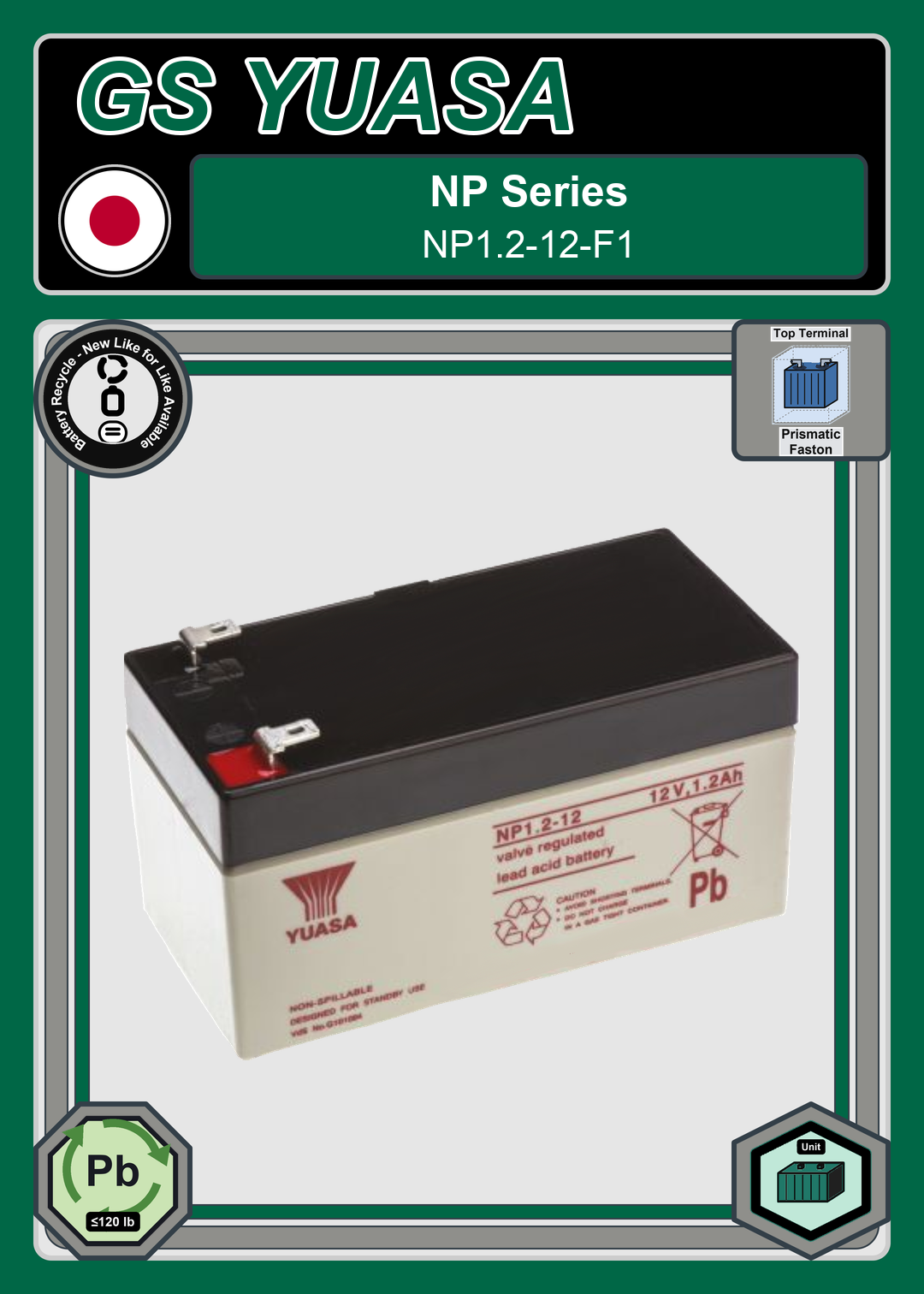 Battery Recycle GS Yuasa NP Series NP1 2 12 F1