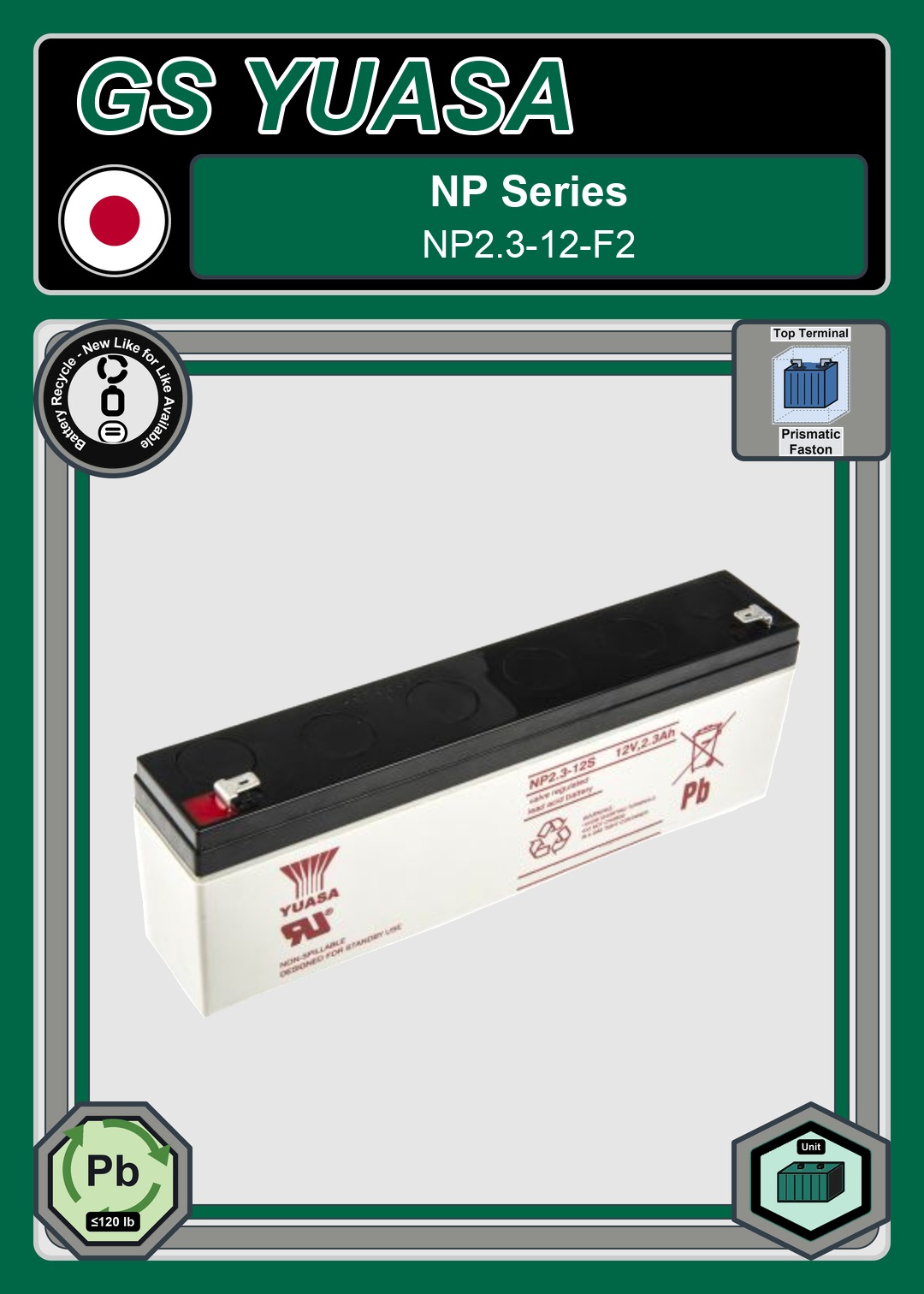 Battery Recycle GS Yuasa NP Series NP2 3 12 F2