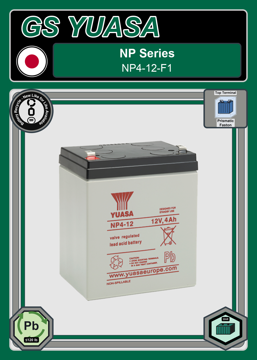 Battery Recycle GS Yuasa NP Series NP4 12 F1