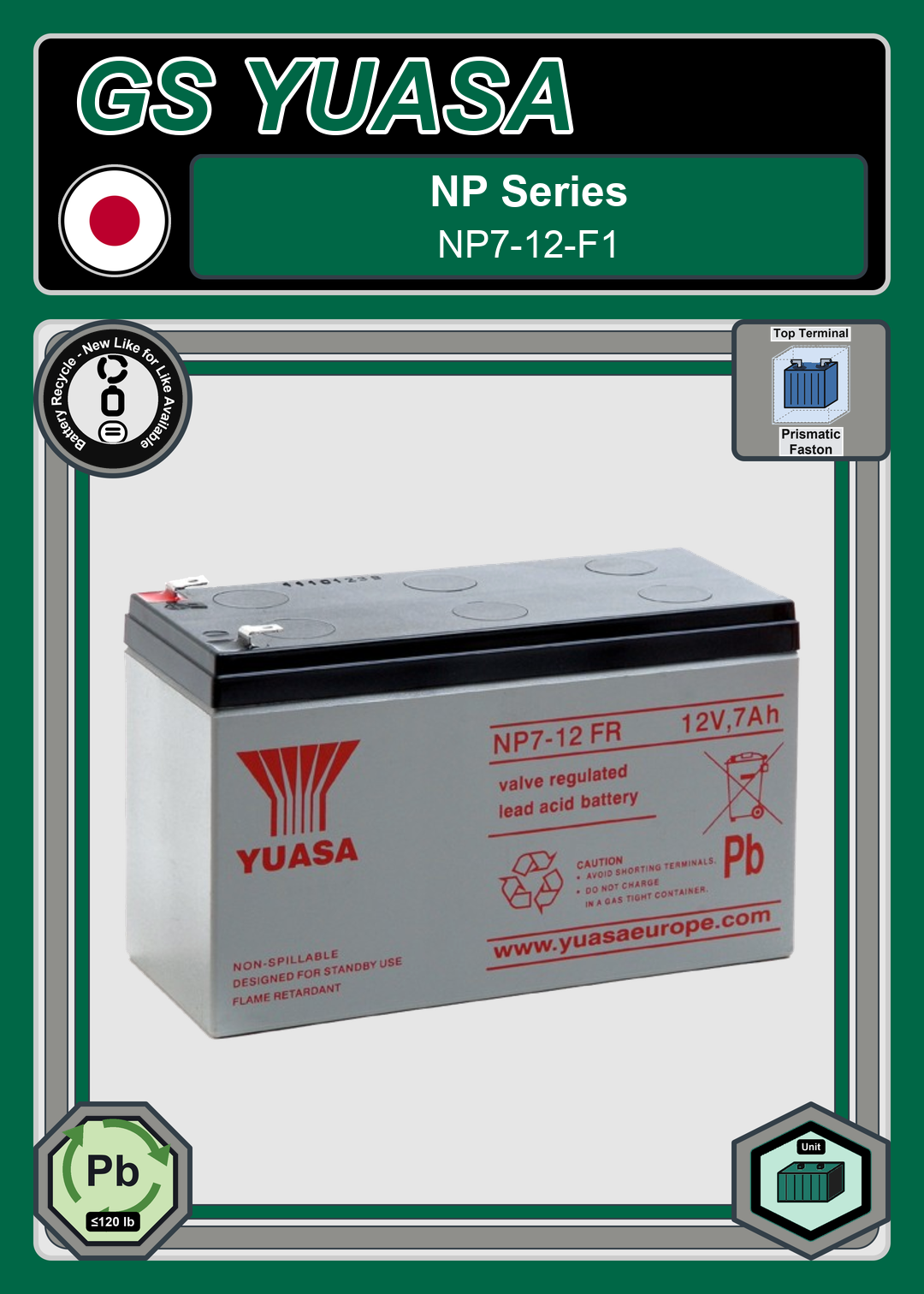 Battery Recycle GS Yuasa NP Series NP7 12 F1