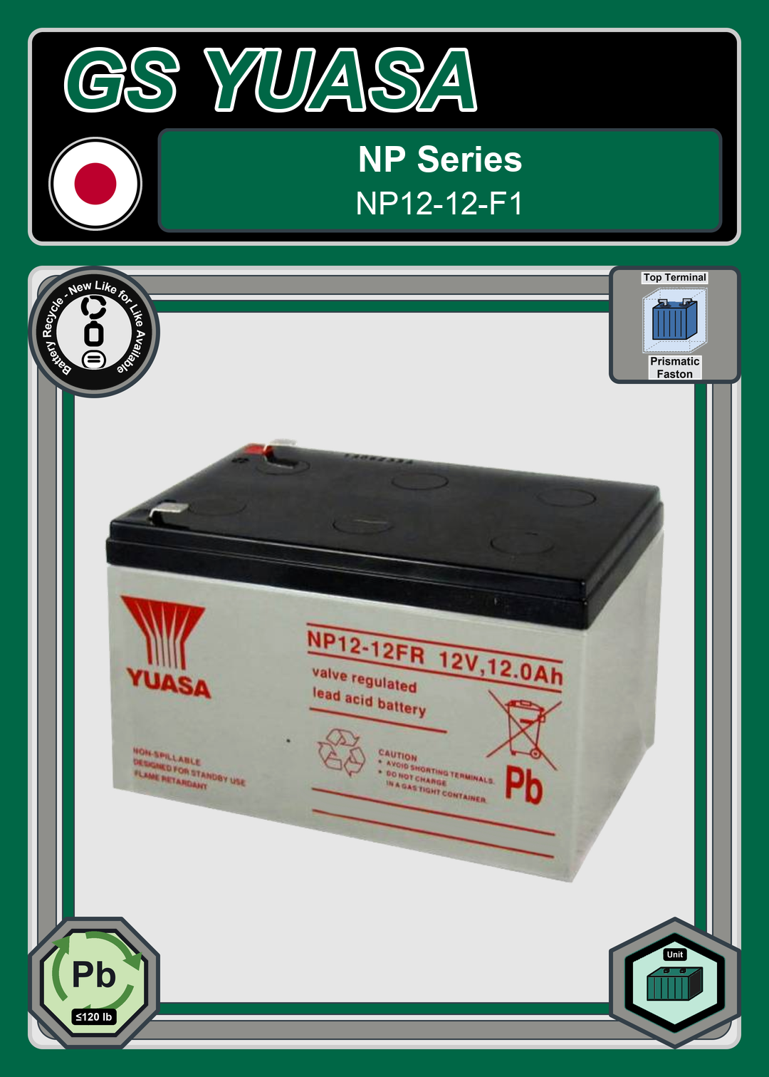 Battery Recycle GS Yuasa NP Series NP12 12 F1