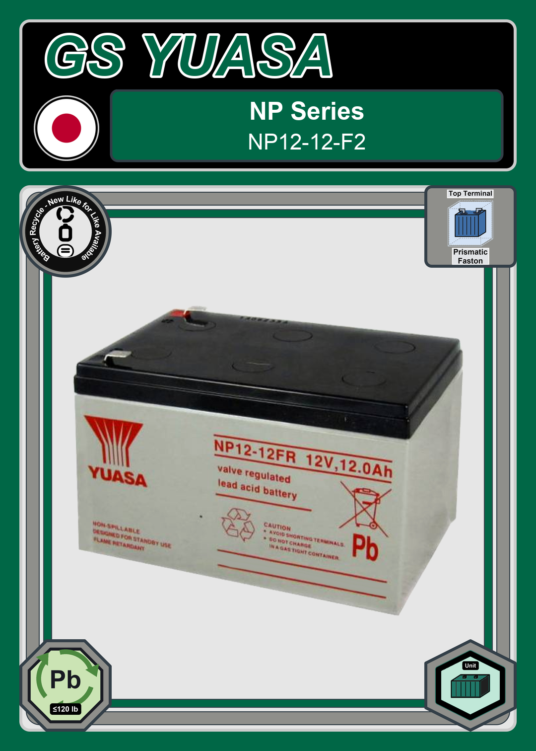 Battery Recycle GS Yuasa NP Series NP12 12 F2