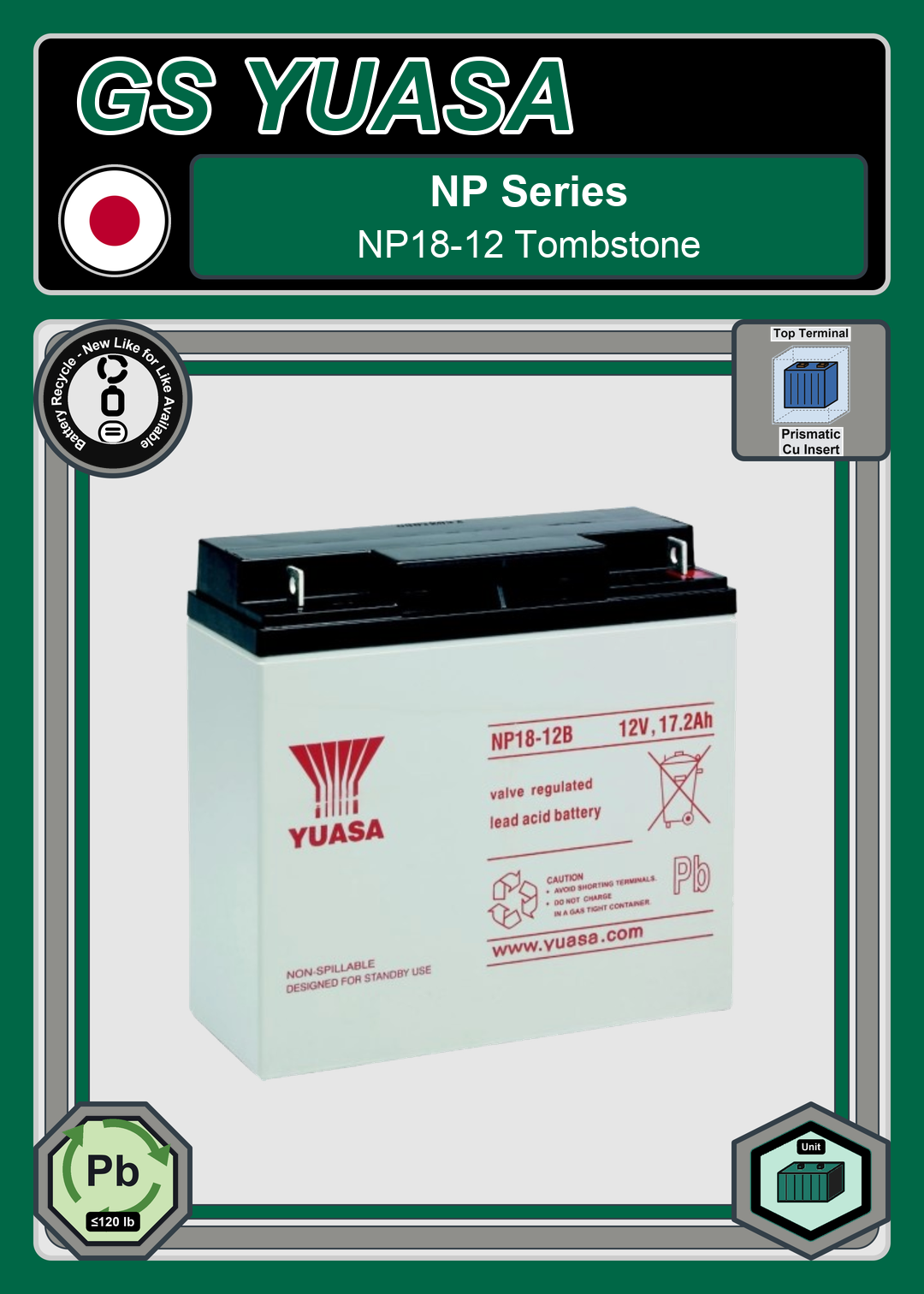 Battery Recycle GS Yuasa NP Series NP18 12 Tombstone