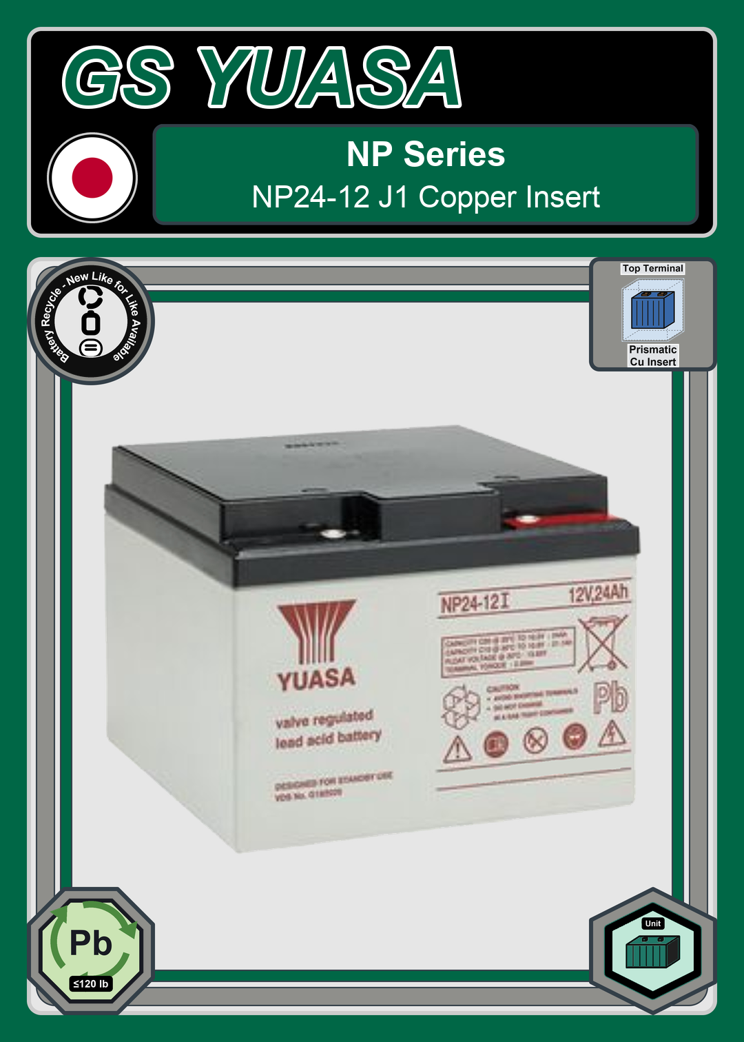 Battery Recycle GS Yuasa NP Series NP24 12 J1 Copper Insert