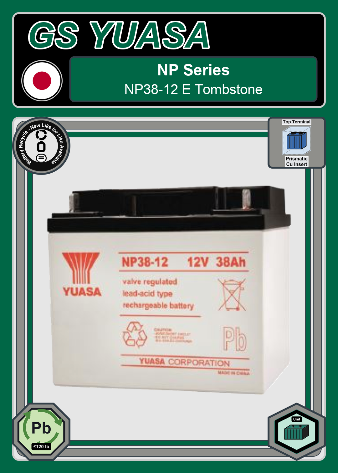 Battery Recycle GS Yuasa NP Series NP38 12 E Tombstone