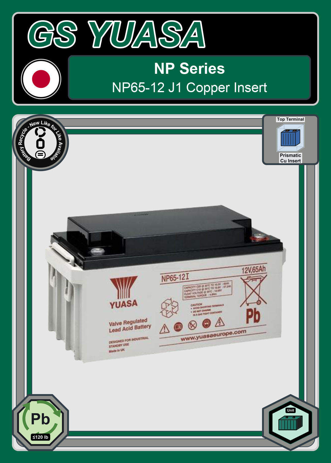 Battery Recycle GS Yuasa NP Series NP65 12 J1 Copper Insert