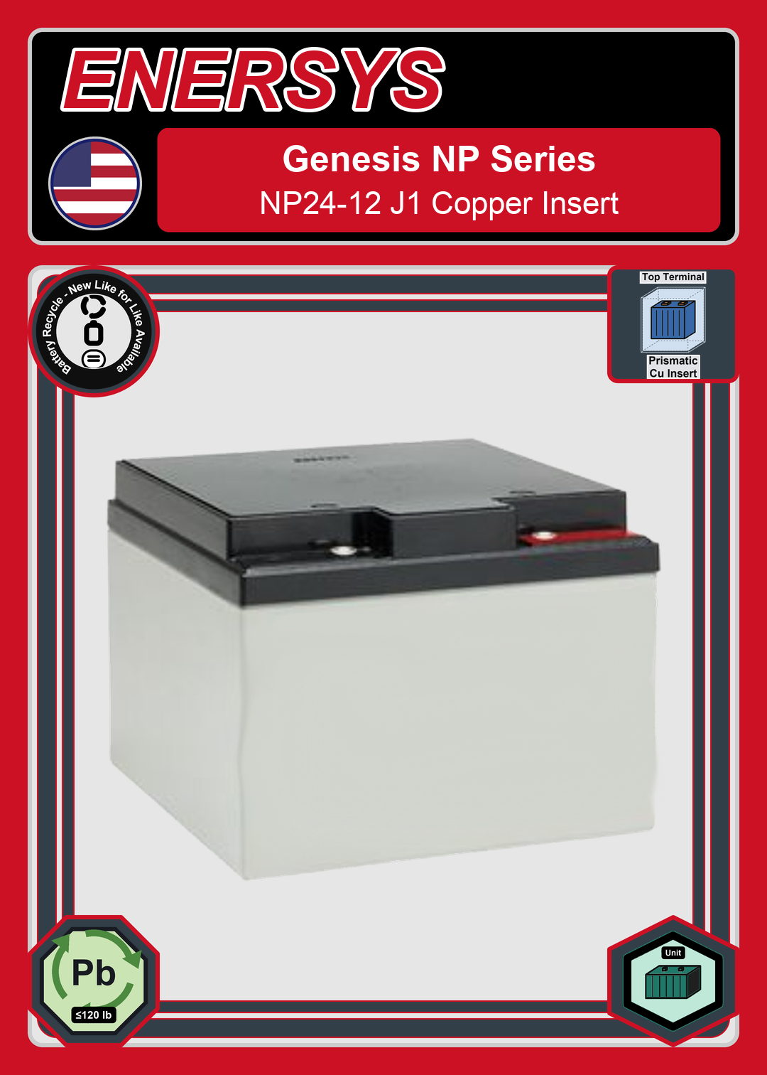 Battery Recycle Enersys Genesis NP Series NP24 12 J1 Copper Insert