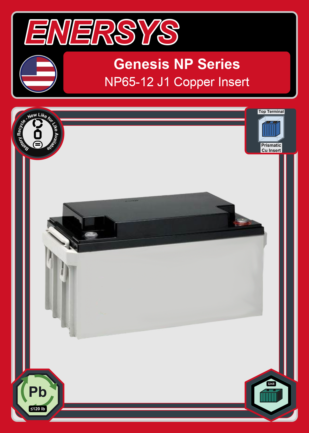 Battery Recycle Enersys Genesis NP Series NP65 12 J1 Copper Insert