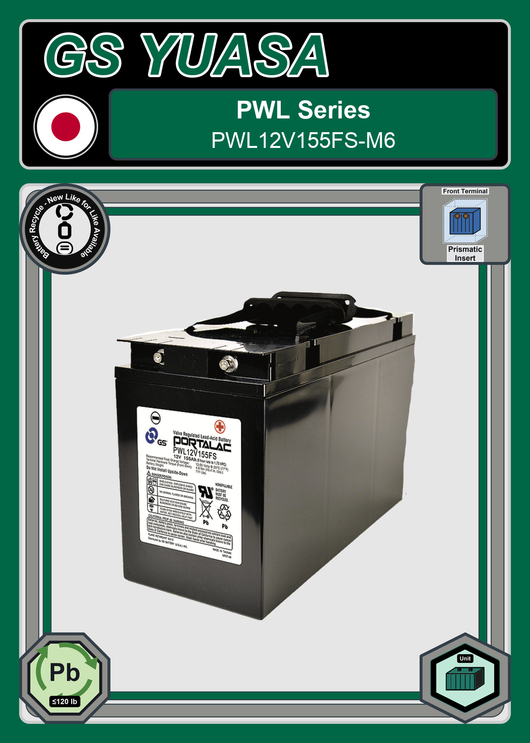 Battery Recycle GS Yuasa PWL Series PWL12V155FS M6