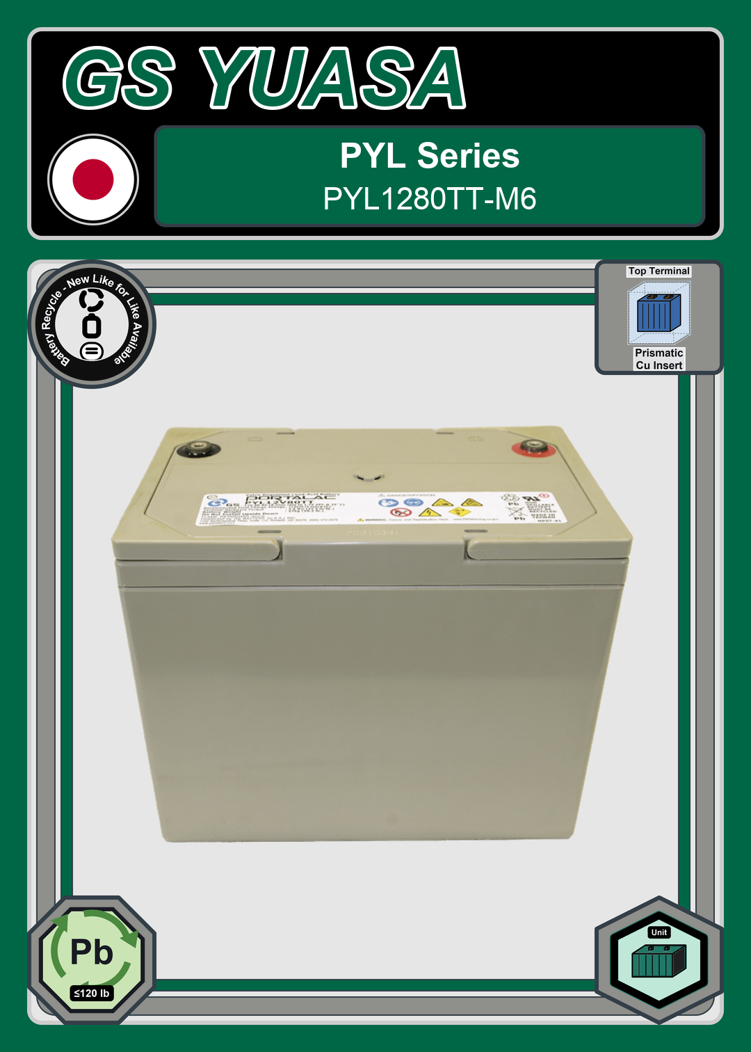 Battery Recycle GS Yuasa PYL Series PYL1280TT M6