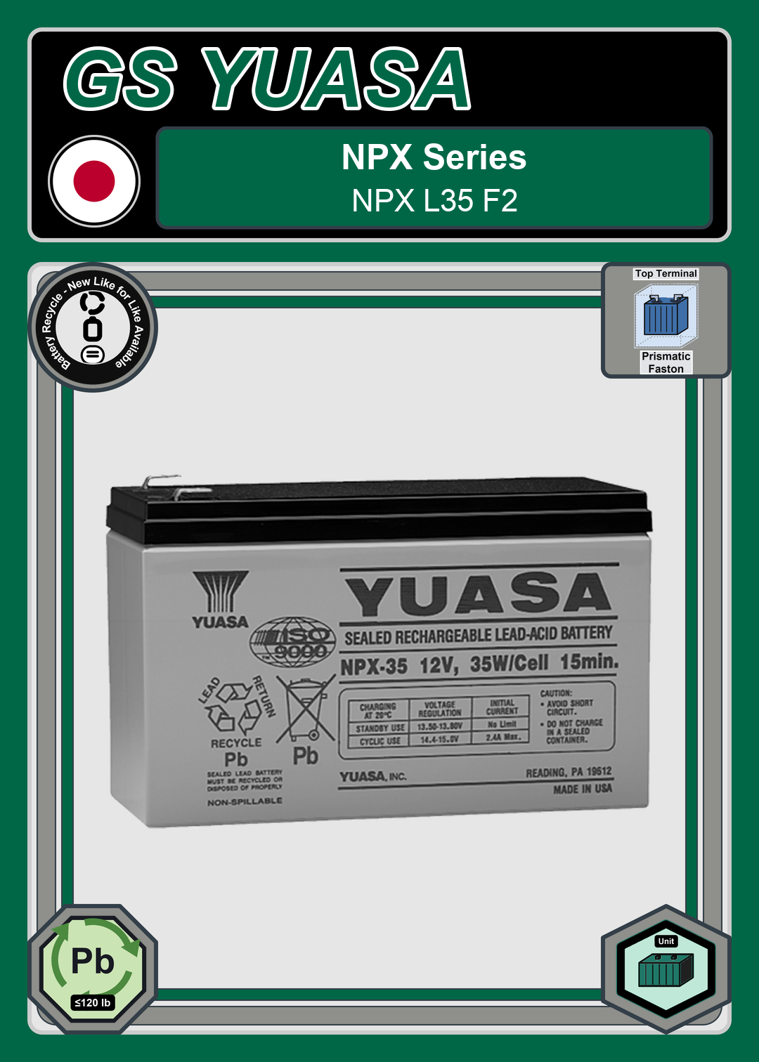 Battery Recycle GS Yuasa NPX Series NPX L35 F2