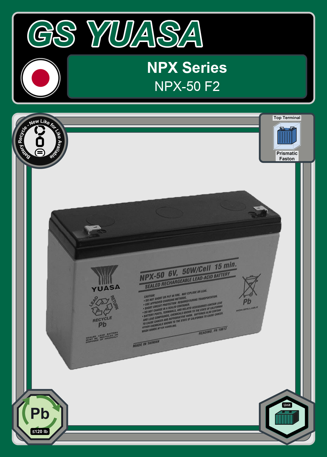 Battery Recycle GS Yuasa NPX Series NPX 50 F2
