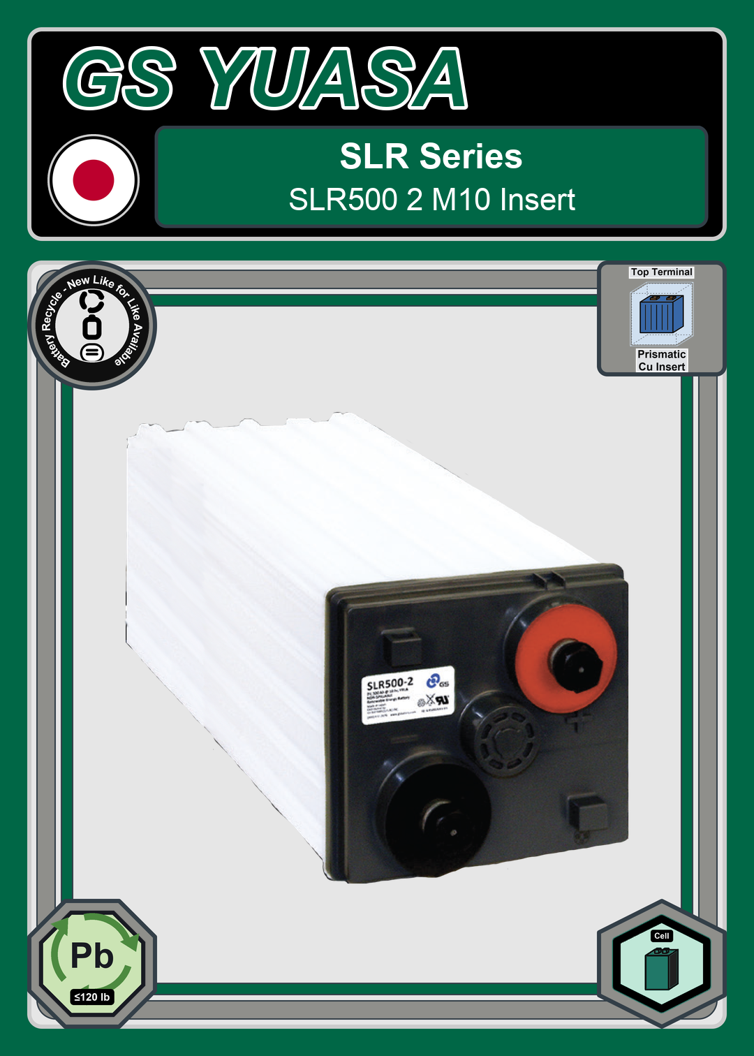Battery Recycle GS Yuasa SLR Series SLR500 2 M10 Insert