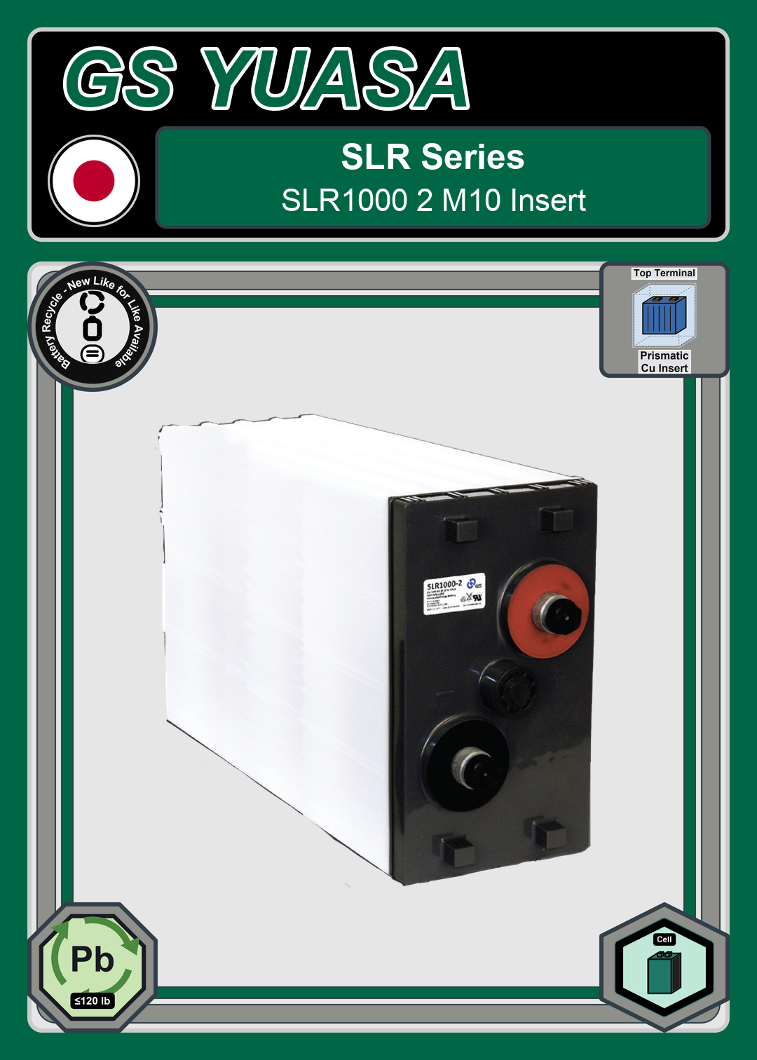 Battery Recycle GS Yuasa SLR Series SLR1000 2 M10 Insert