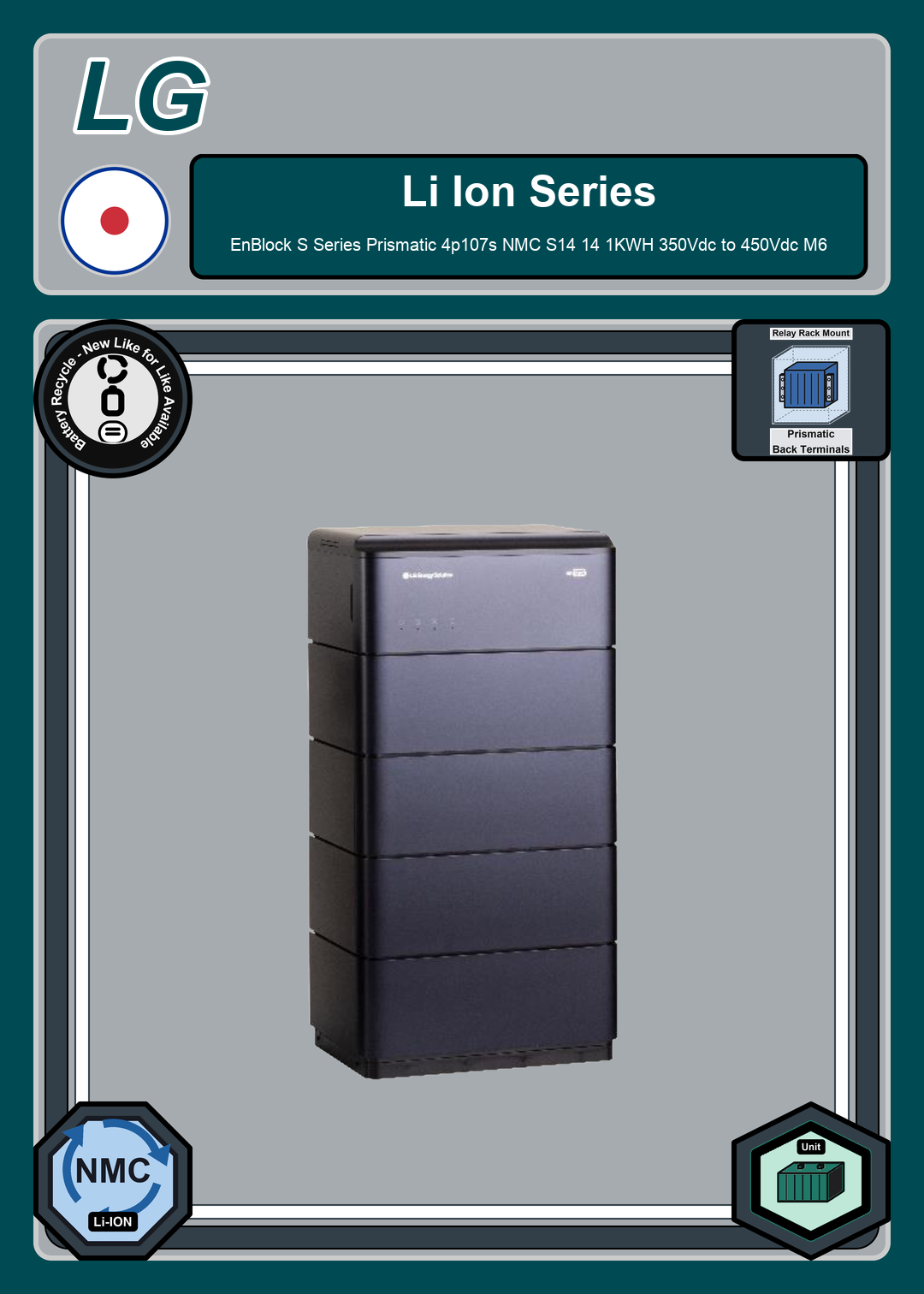 Battery Recycle LG Battery EnBlock S Series Prismatic 4p107s NMC S14 14 1KWH 350Vdc to 450Vdc M6
