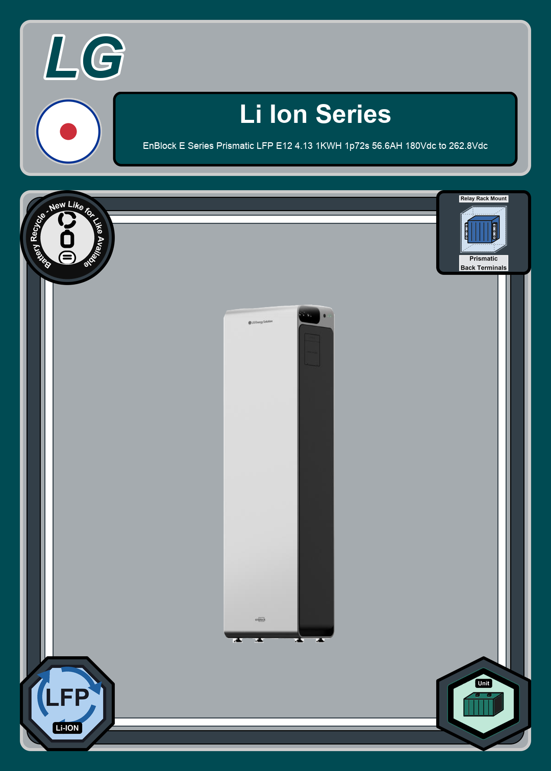 Battery Recycle LG Battery EnBlock E Series Prismatic LFP E12 4 13 1KWH 1p72s 56 6AH 180Vdc to 262 8Vdc