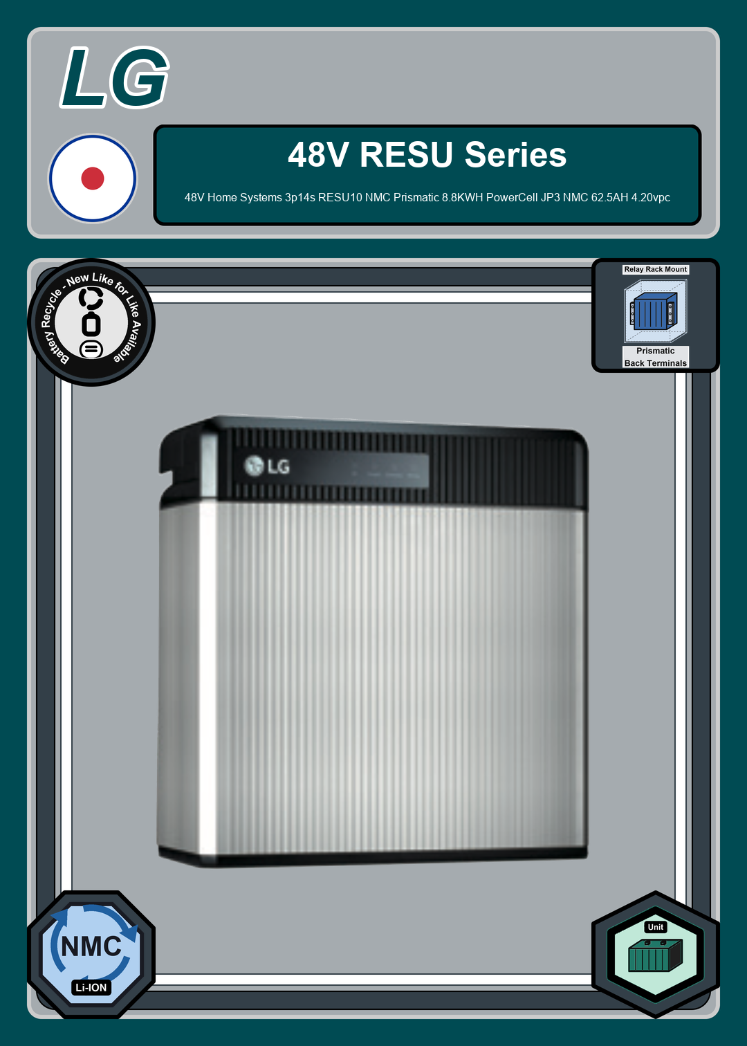Battery Recycle LG Battery 48V Home Systems 3p14s RESU10 NMC Prismatic 8 8KWH PowerCell JP3 NMC 62 5AH 4 20vpc