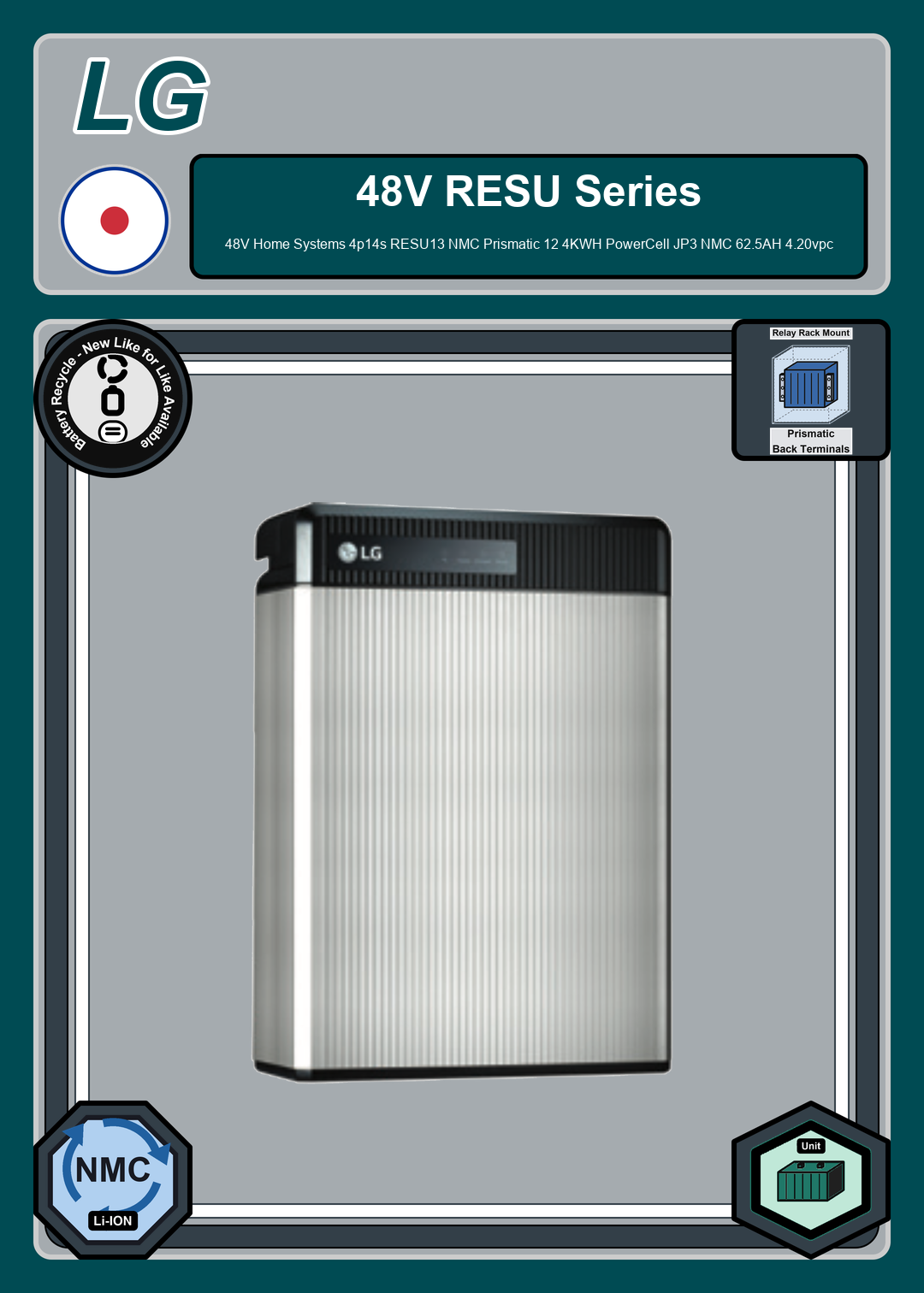Battery Recycle LG Battery 48V Home Systems 4p14s RESU13 NMC Prismatic 12 4KWH PowerCell JP3 NMC 62 5AH 4 20vpc