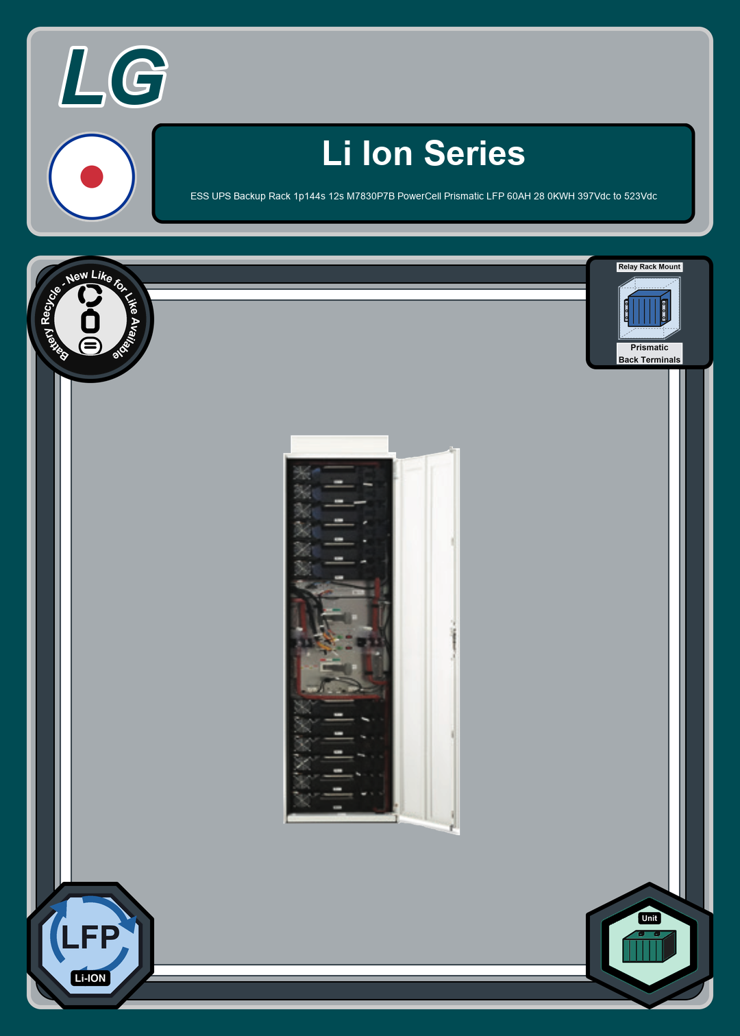 Battery Recycle LG Battery ESS UPS Backup Rack 1p144s 12s M7830P7B PowerCell Prismatic LFP 60AH 28 0KWH 397Vdc to 523Vdc