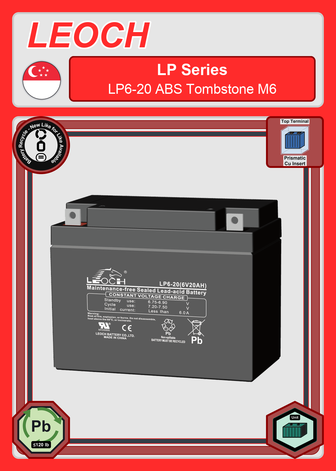 Battery Recycle Leoch Battery LP Series LP6 20 ABS Tombstone M6