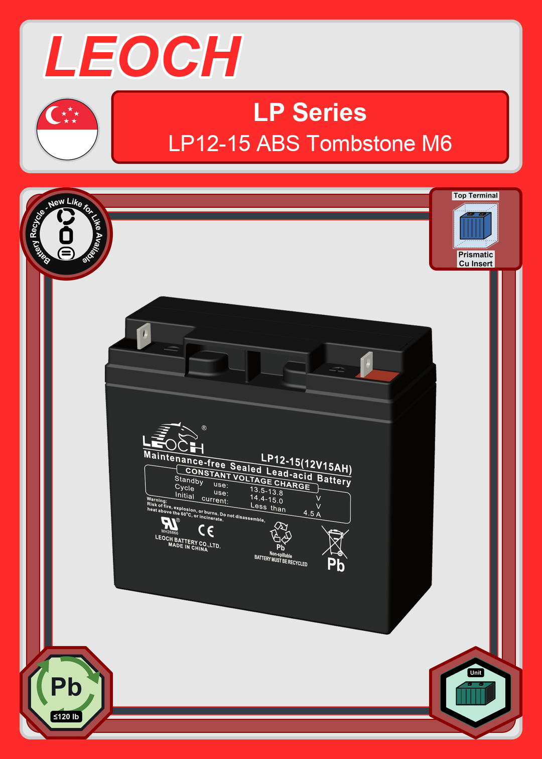 Battery Recycle Leoch Battery LP Series LP12 15 ABS Tombstone M6