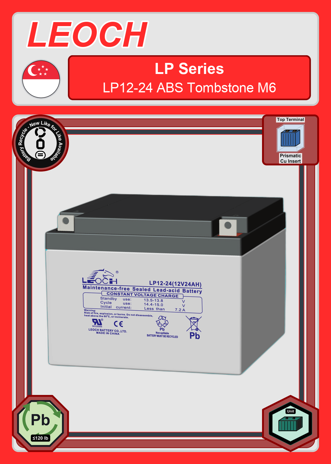 Battery Recycle Leoch Battery LP Series LP12 24 ABS Tombstone M6
