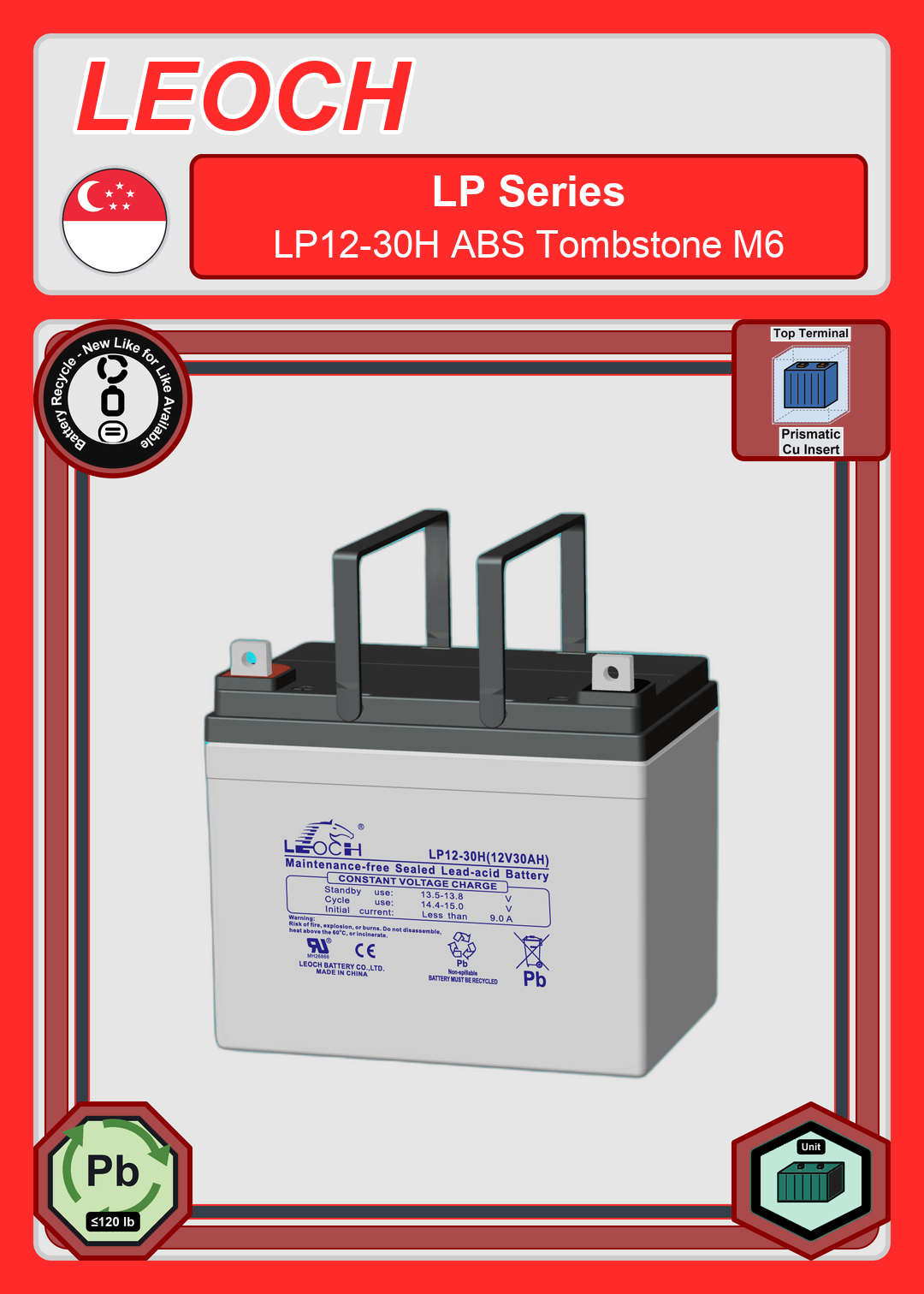Battery Recycle Leoch Battery LP Series LP12 30H ABS Tombstone M6