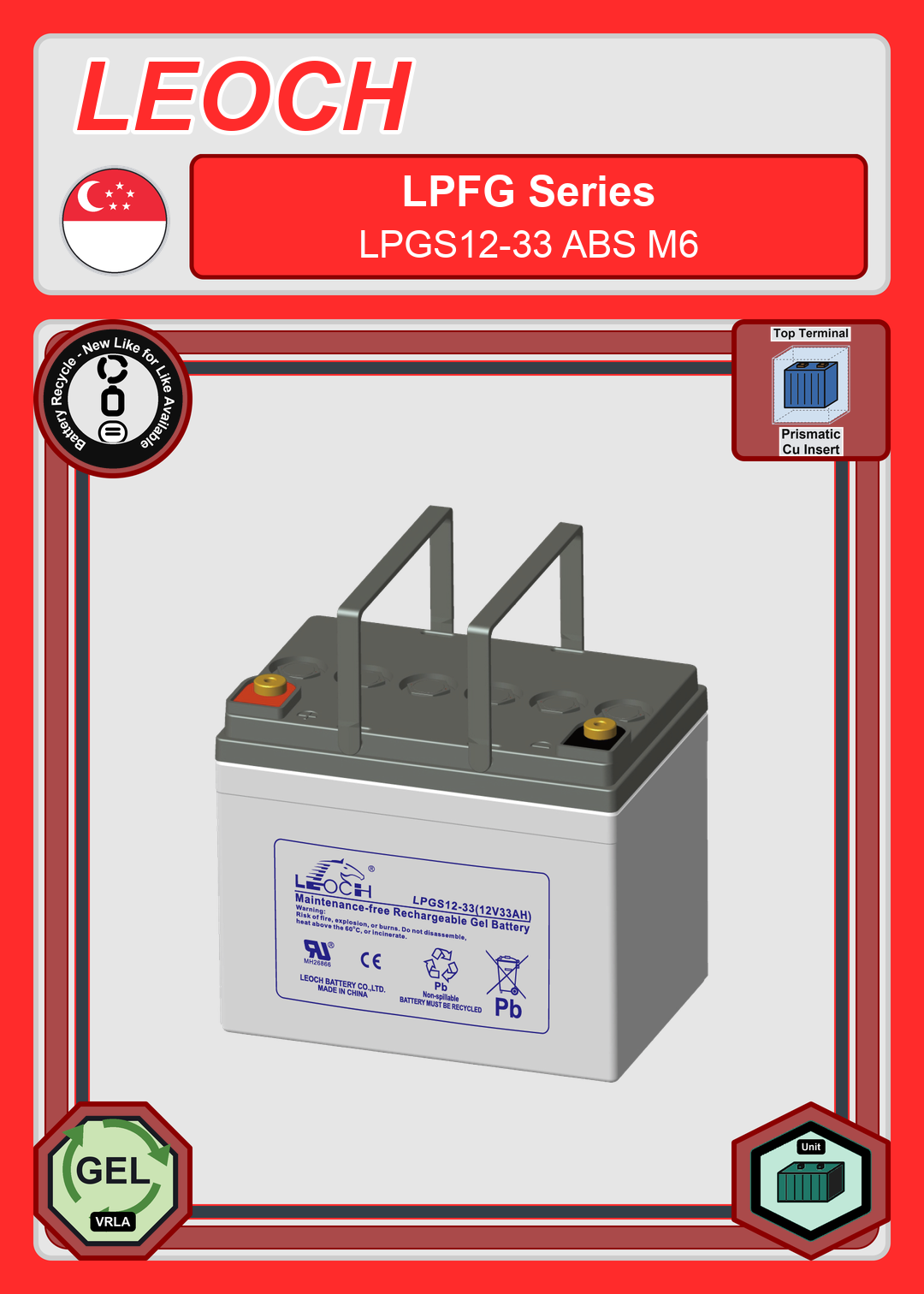 Battery Recycle Leoch Battery LPGS Series LPGS12 33 ABS M6