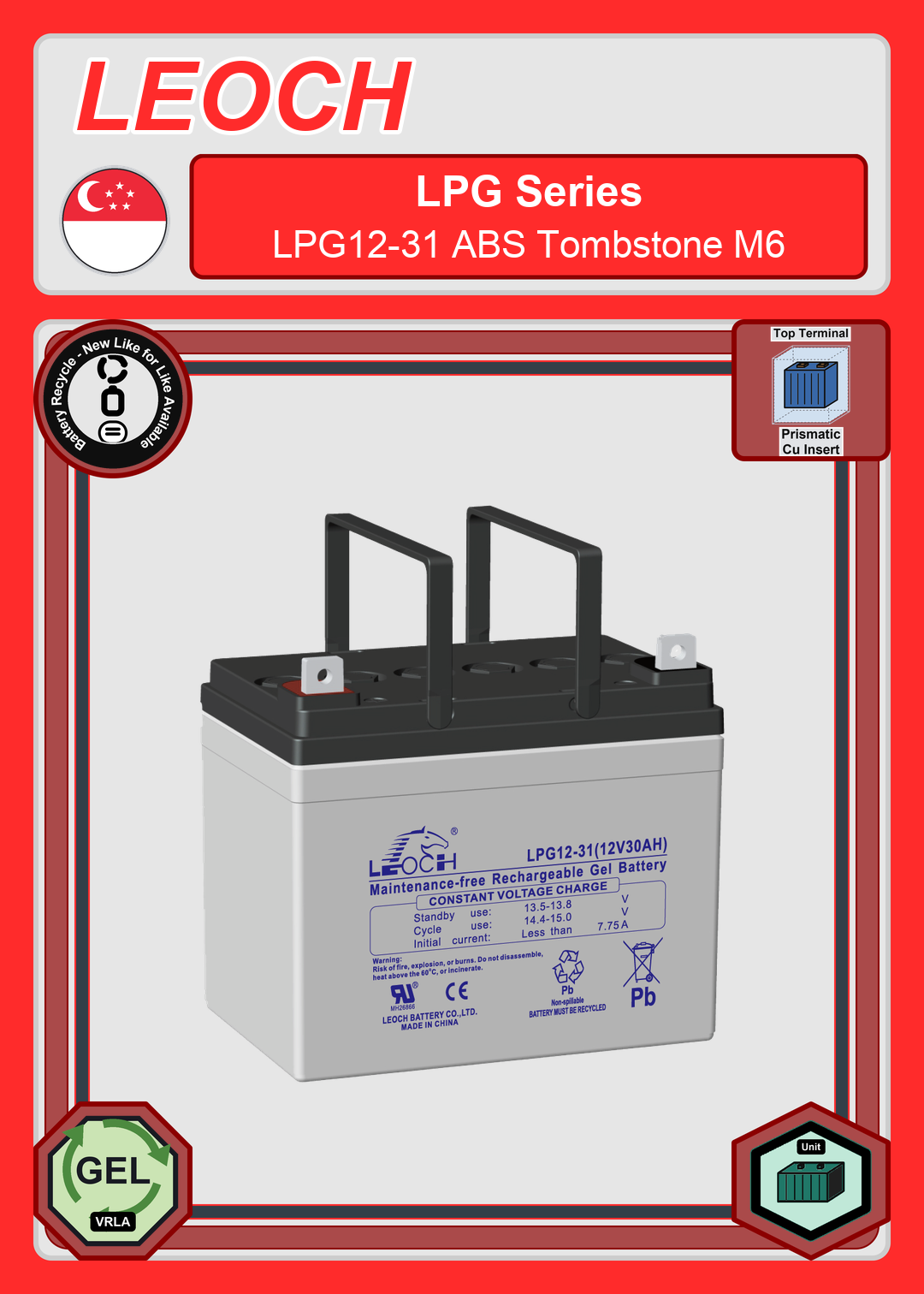 Battery Recycle Leoch Battery LPG Series LPG12 31 ABS Tombstone M6