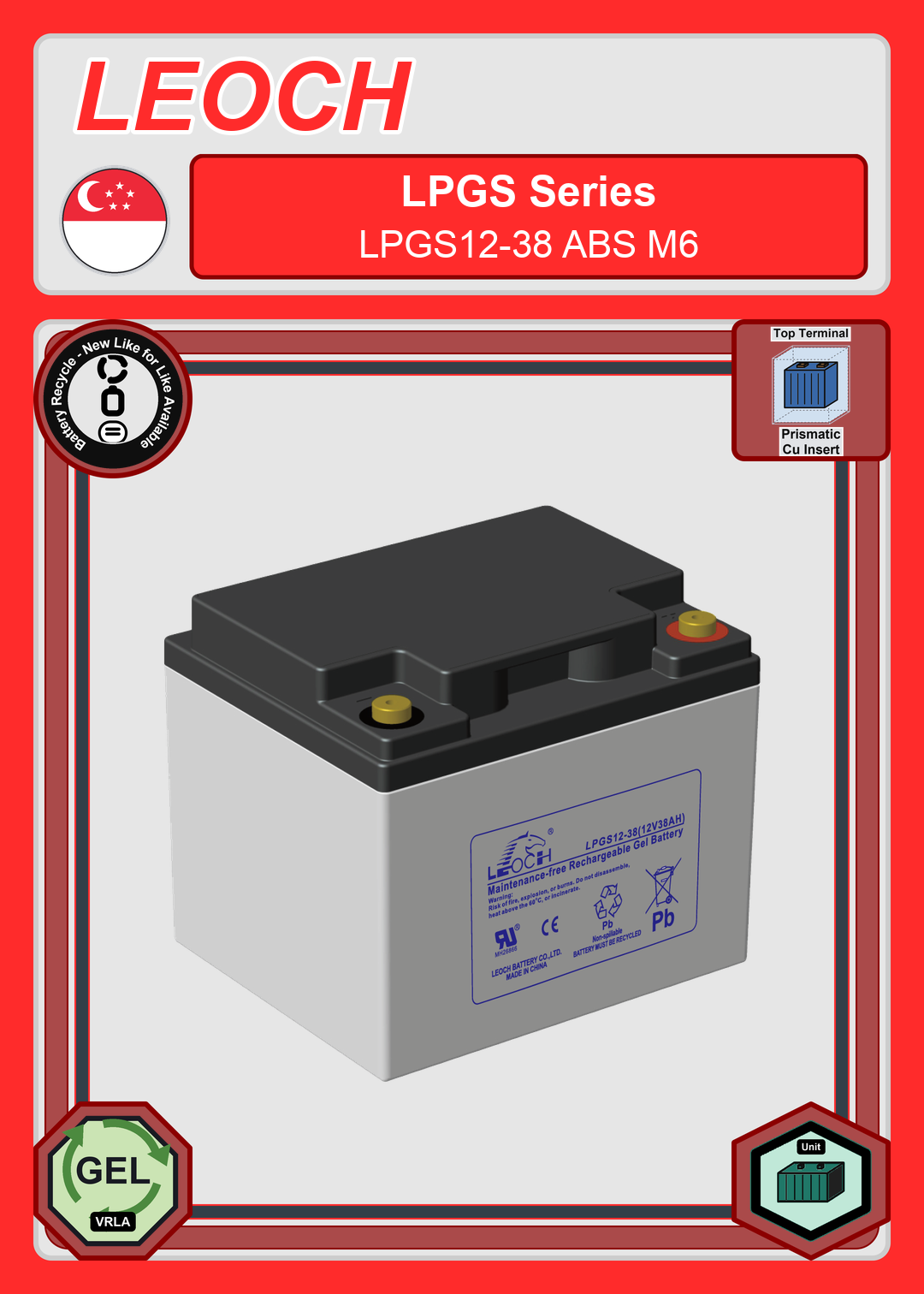 Battery Recycle Leoch Battery LPGS Series LPGS12 38 ABS M6