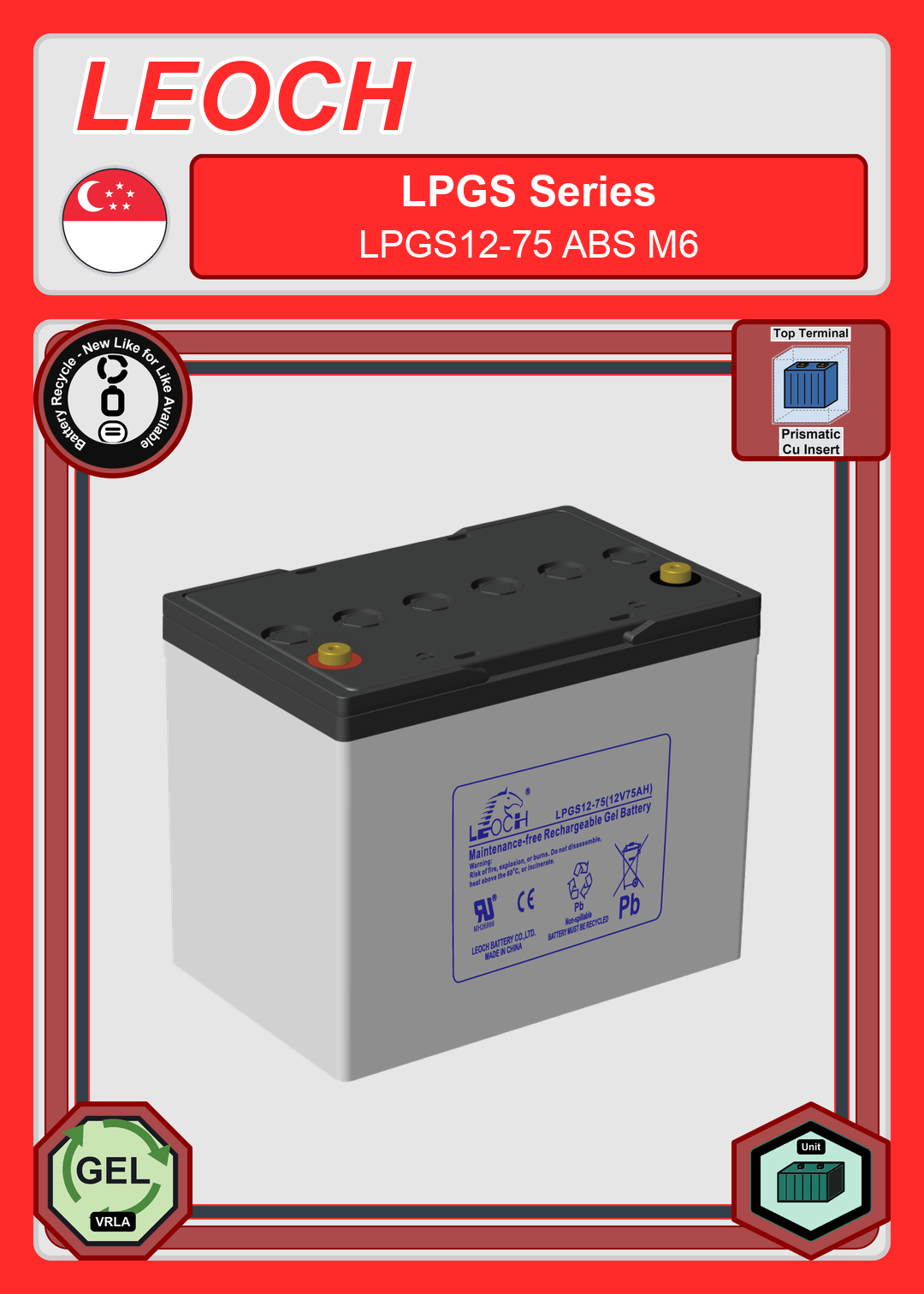 Battery Recycle Leoch Battery LPGS Series LPGS12 75 ABS M6