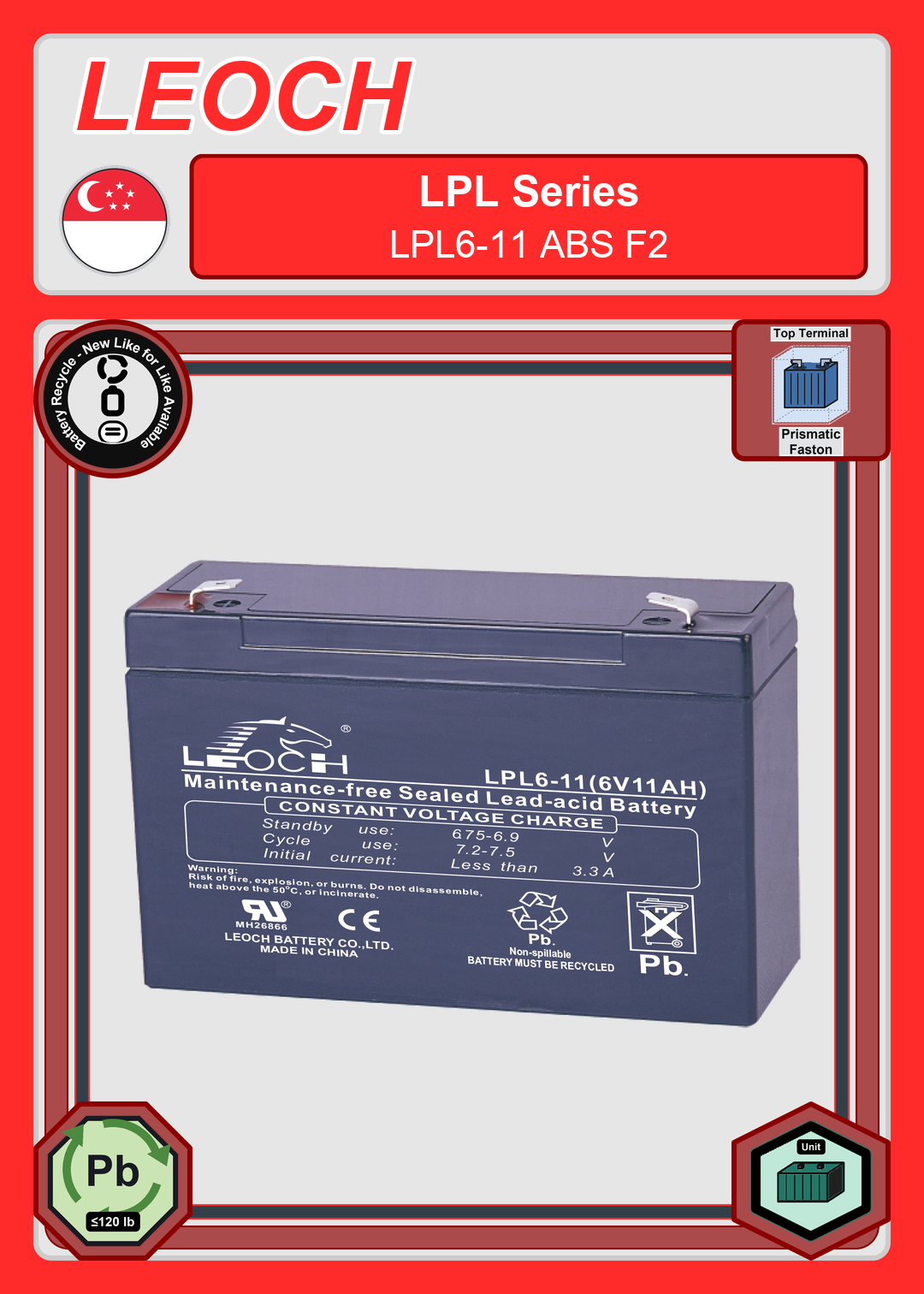 Battery Recycle Leoch Battery LPL Series LPL6 11 ABS F2