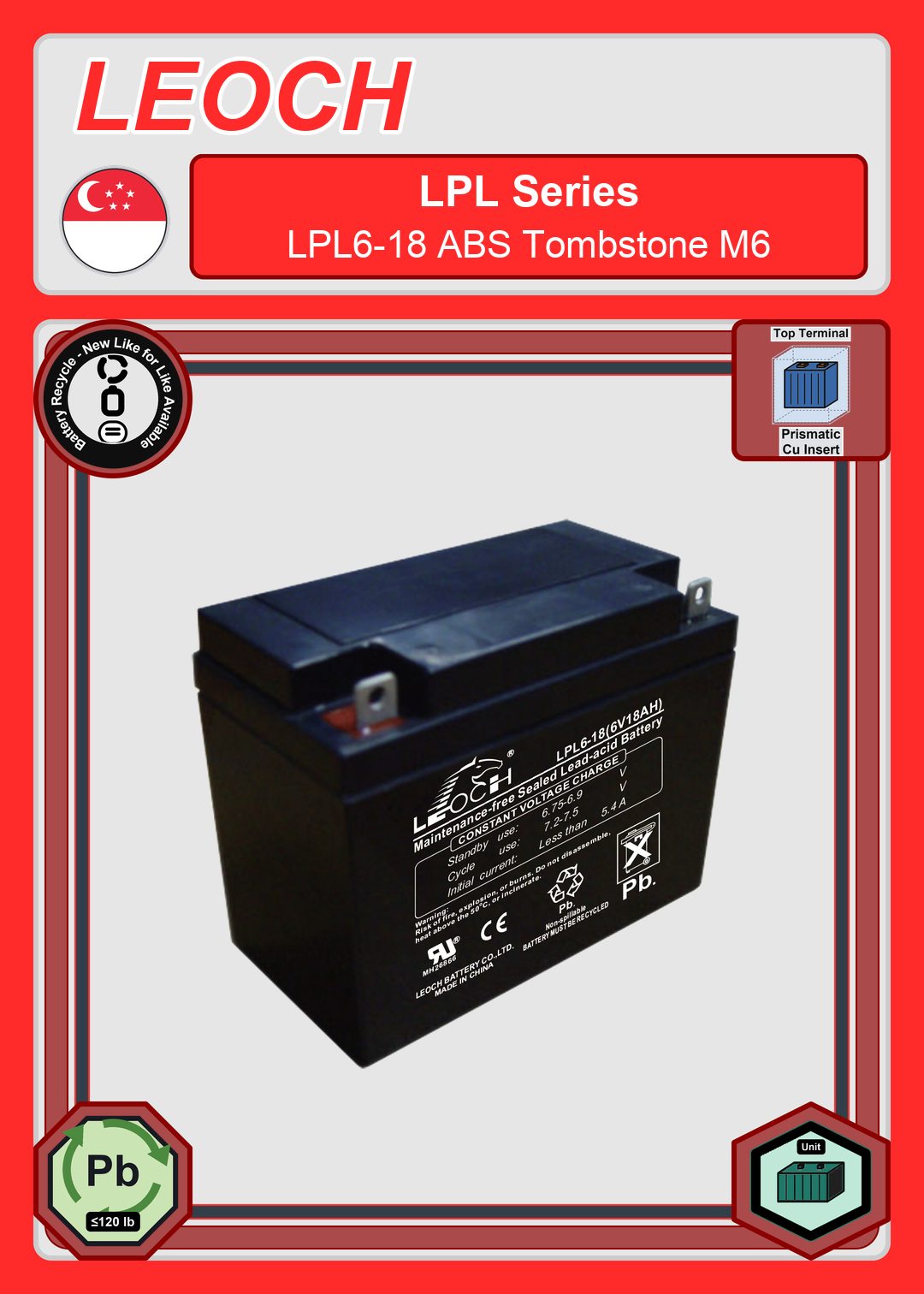 Battery Recycle Leoch Battery LPL Series LPL6 18 ABS Tombstone M6