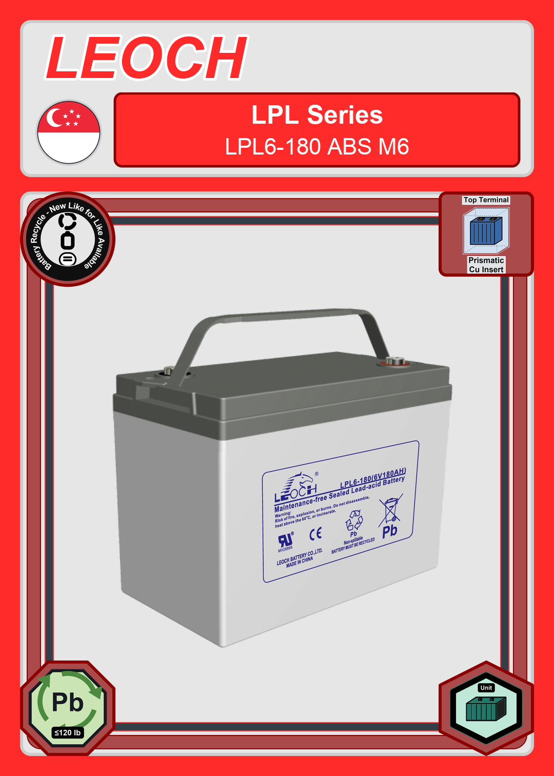 Battery Recycle Leoch Battery LPL Series LPL6 180 ABS M6