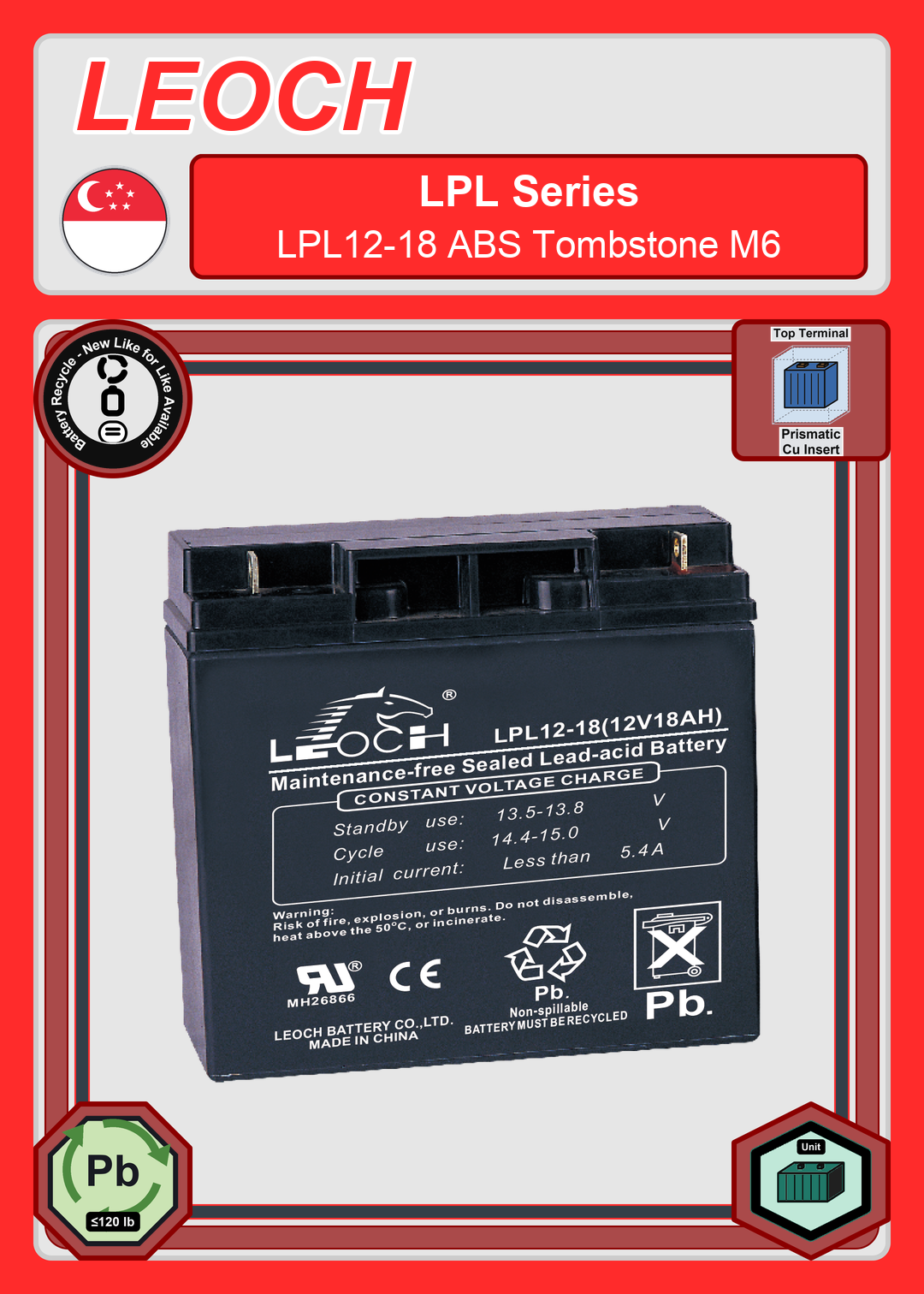 Battery Recycle Leoch Battery LPL Series LPL12 18 ABS Tombstone M6