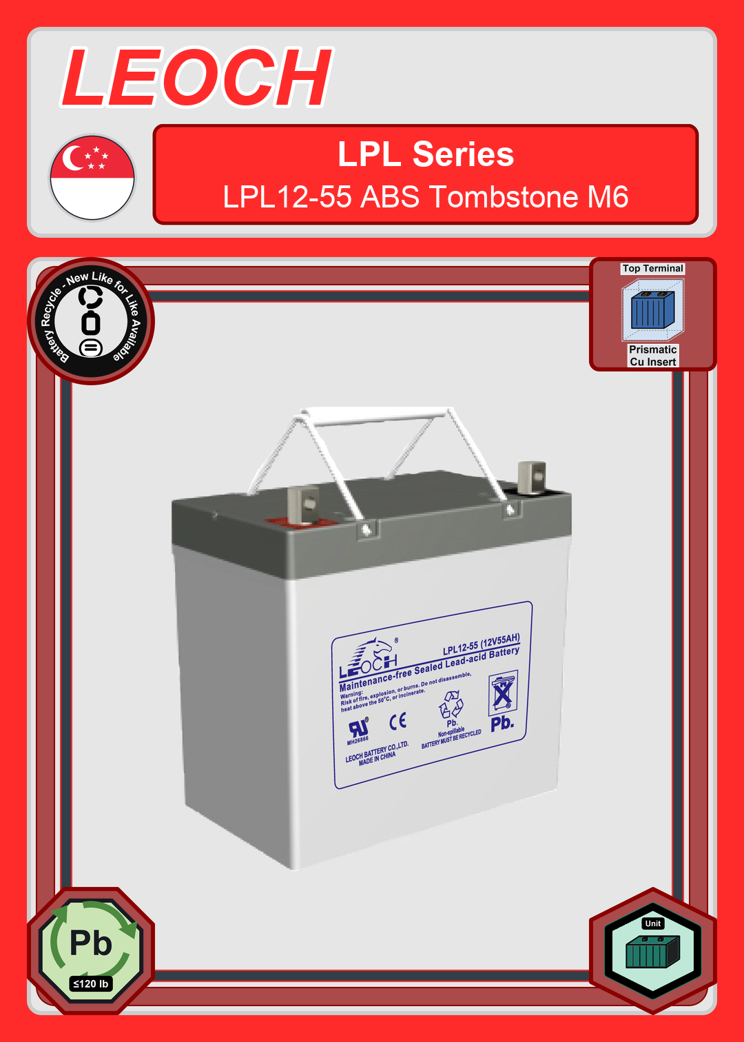 Battery Recycle Leoch Battery LPL Series LPL12 55 ABS Tombstone M6